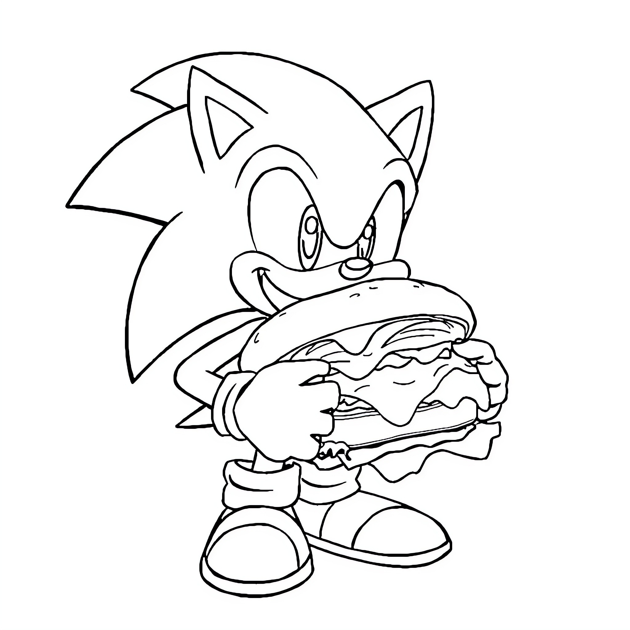 Sonic enjoying a delicious snack Coloring Page (free black-and-white line drawing printable PDF for all, from beginners to advanced learners, including children, teens, adults, and seniors)