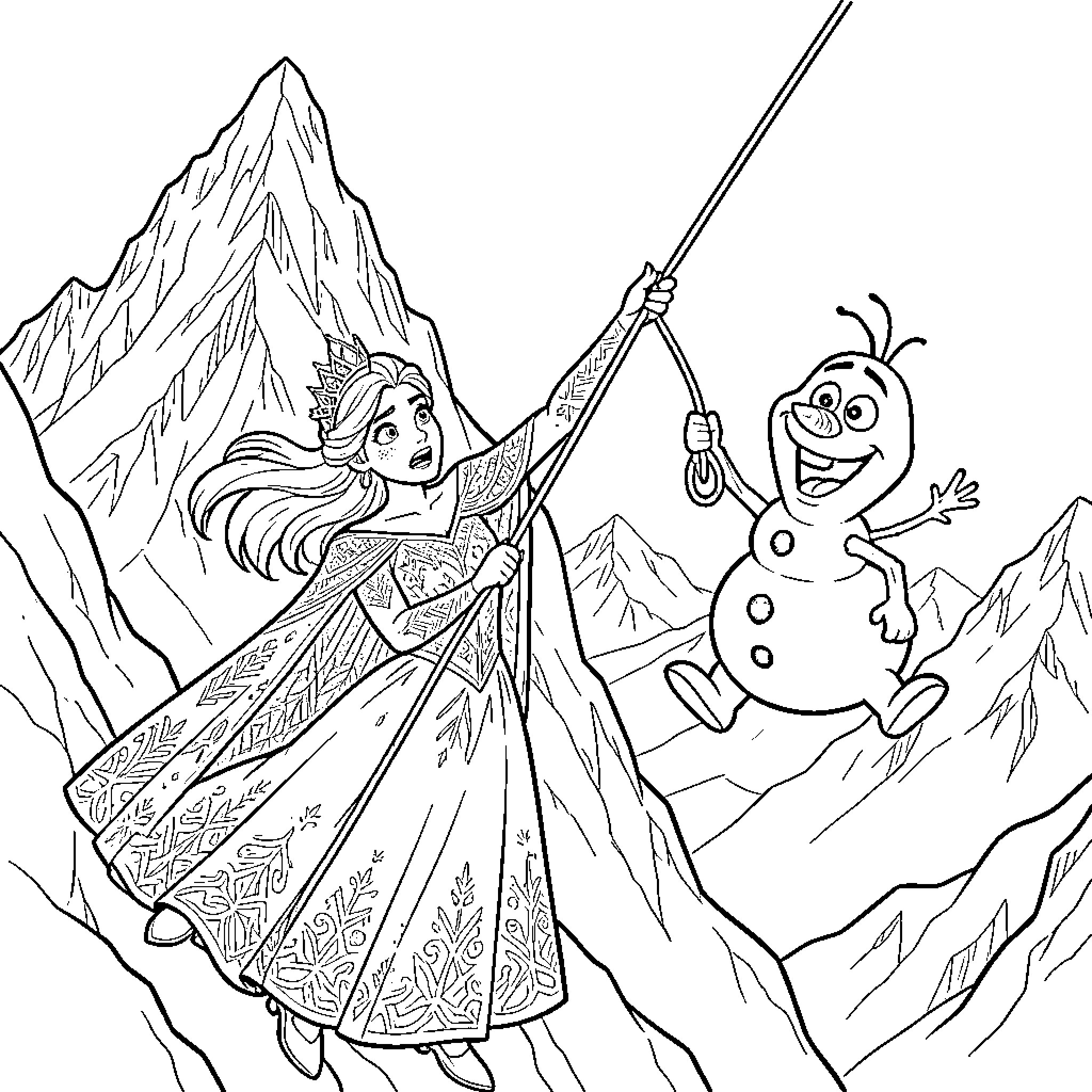 Queen Battling a Mischievous Snowman in the Mountains Coloring Page (free black-and-white line drawing printable PDF for all, from beginners to advanced learners, including children, teens, adults, and seniors)