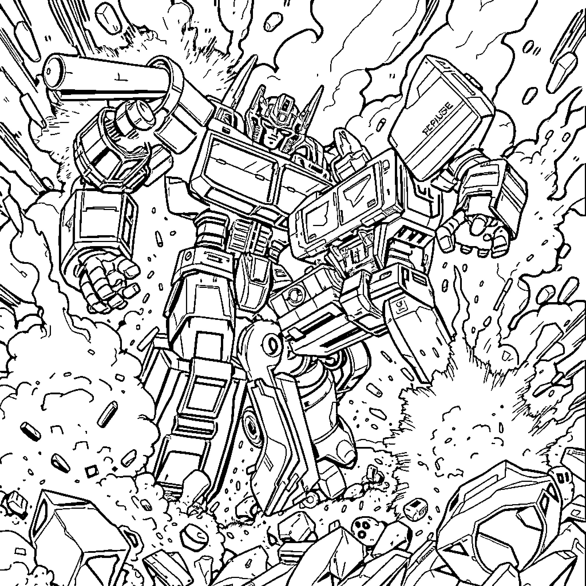 Megatron's Epic Battle Amid Destruction Coloring Page (free black-and-white line drawing printable PDF for all, from beginners to advanced learners, including children, teens, adults, and seniors)