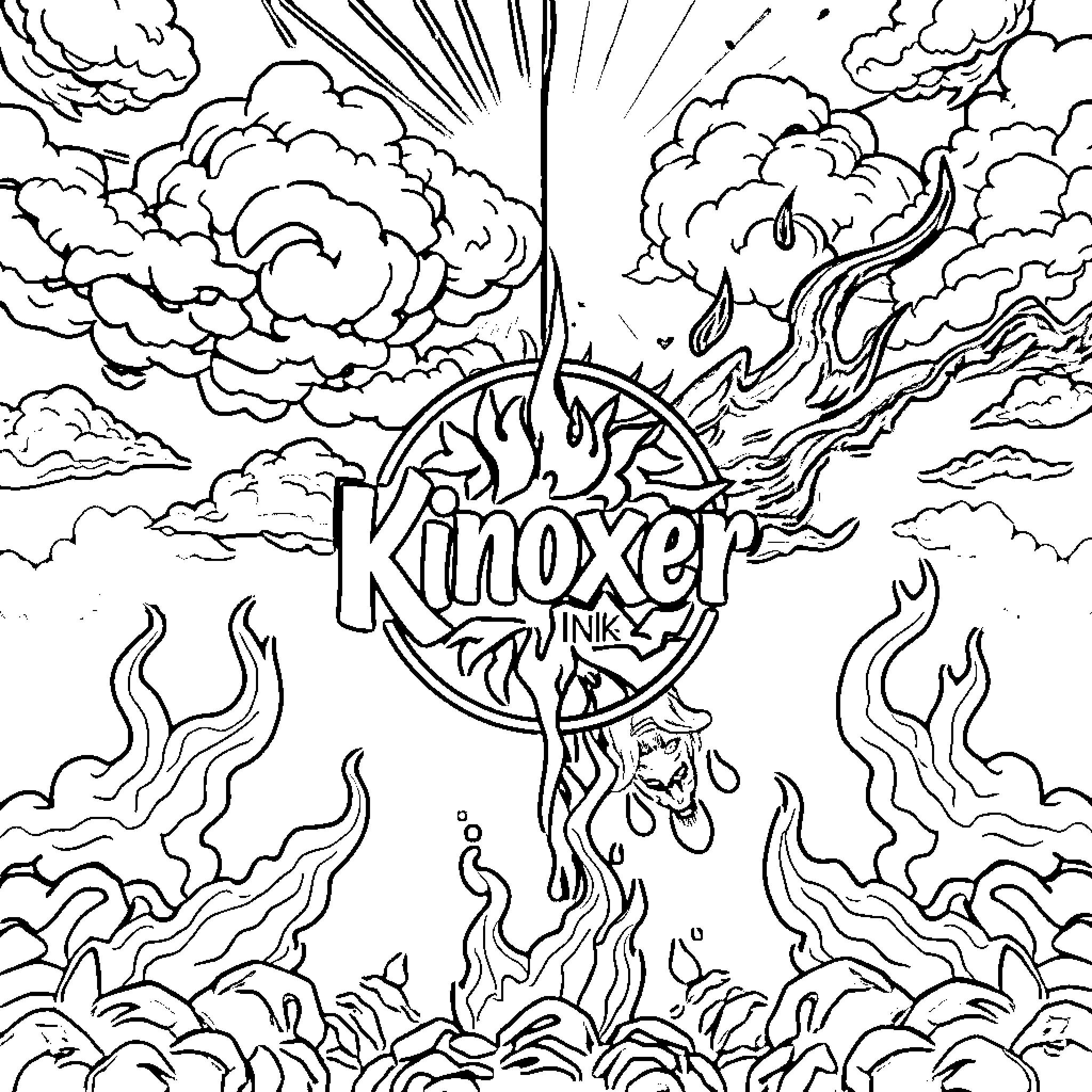 Logo for Kinoxer Inks with fiery design Coloring Page (free black-and-white line drawing printable PDF for all, from beginners to advanced learners, including children, teens, adults, and seniors)