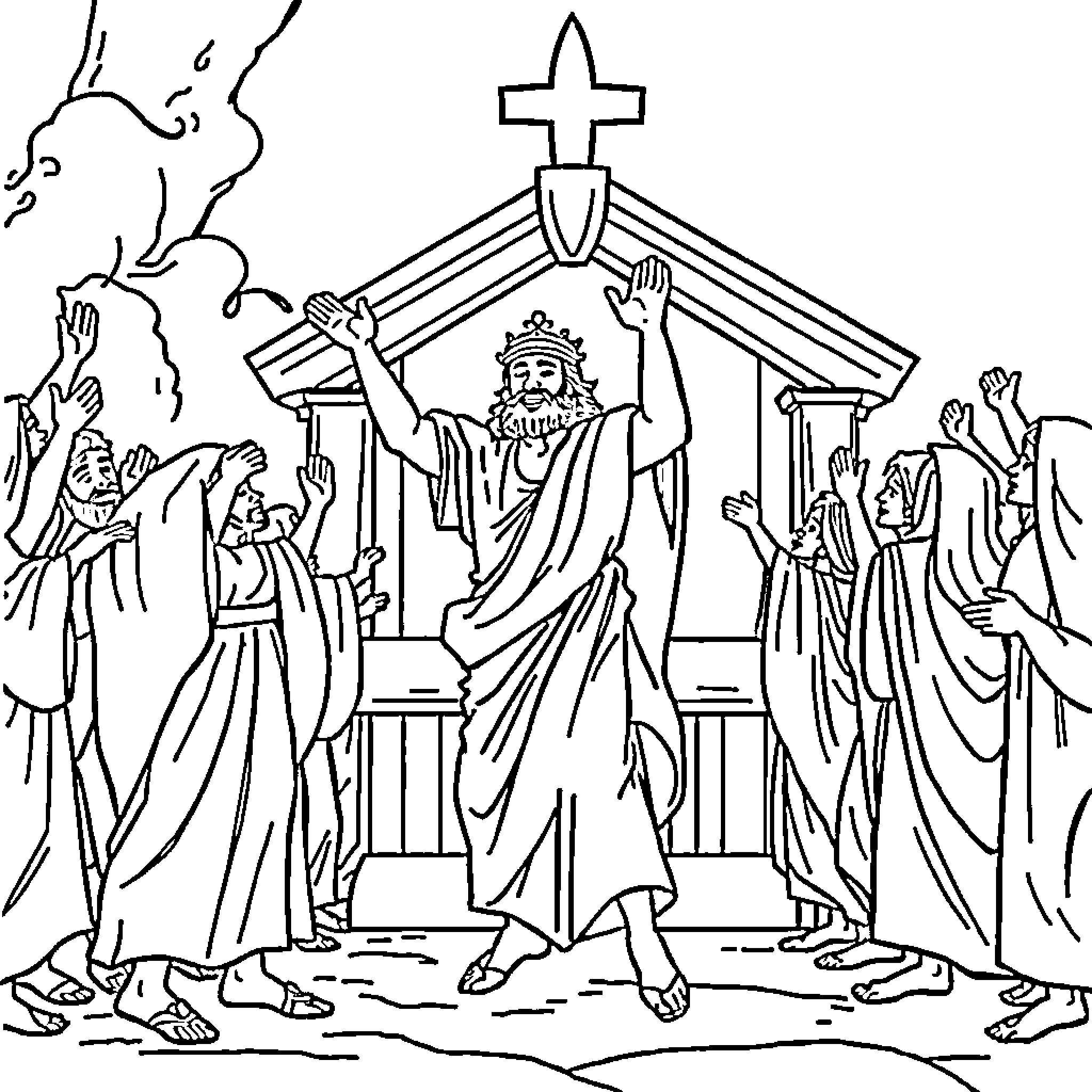 King David celebrating with his people in the temple Coloring Page (free black-and-white line drawing printable PDF for all, from beginners to advanced learners, including children, teens, adults, and seniors)