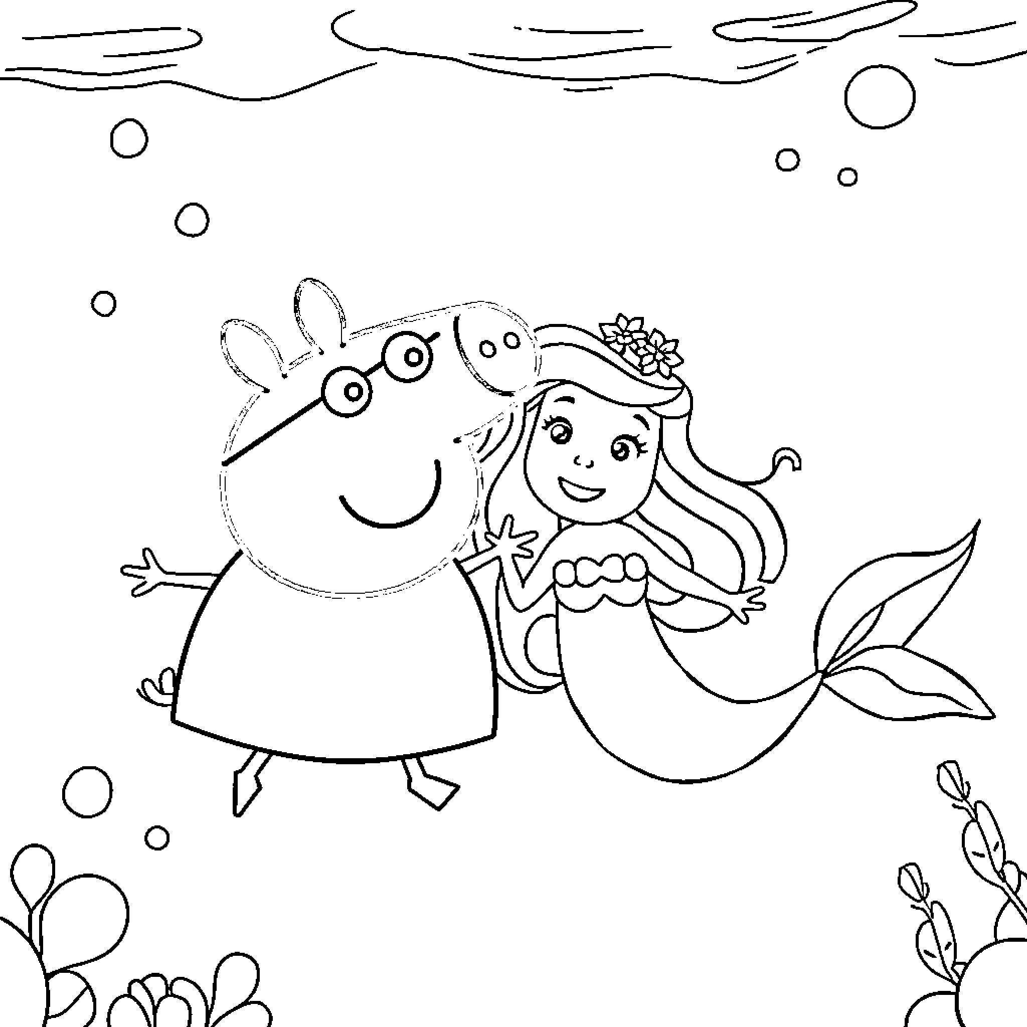 Peppa Pig and Mermaid Playing Underwater Coloring Page (free black-and-white line drawing printable PDF for all, from beginners to advanced learners, including children, teens, adults, and seniors)