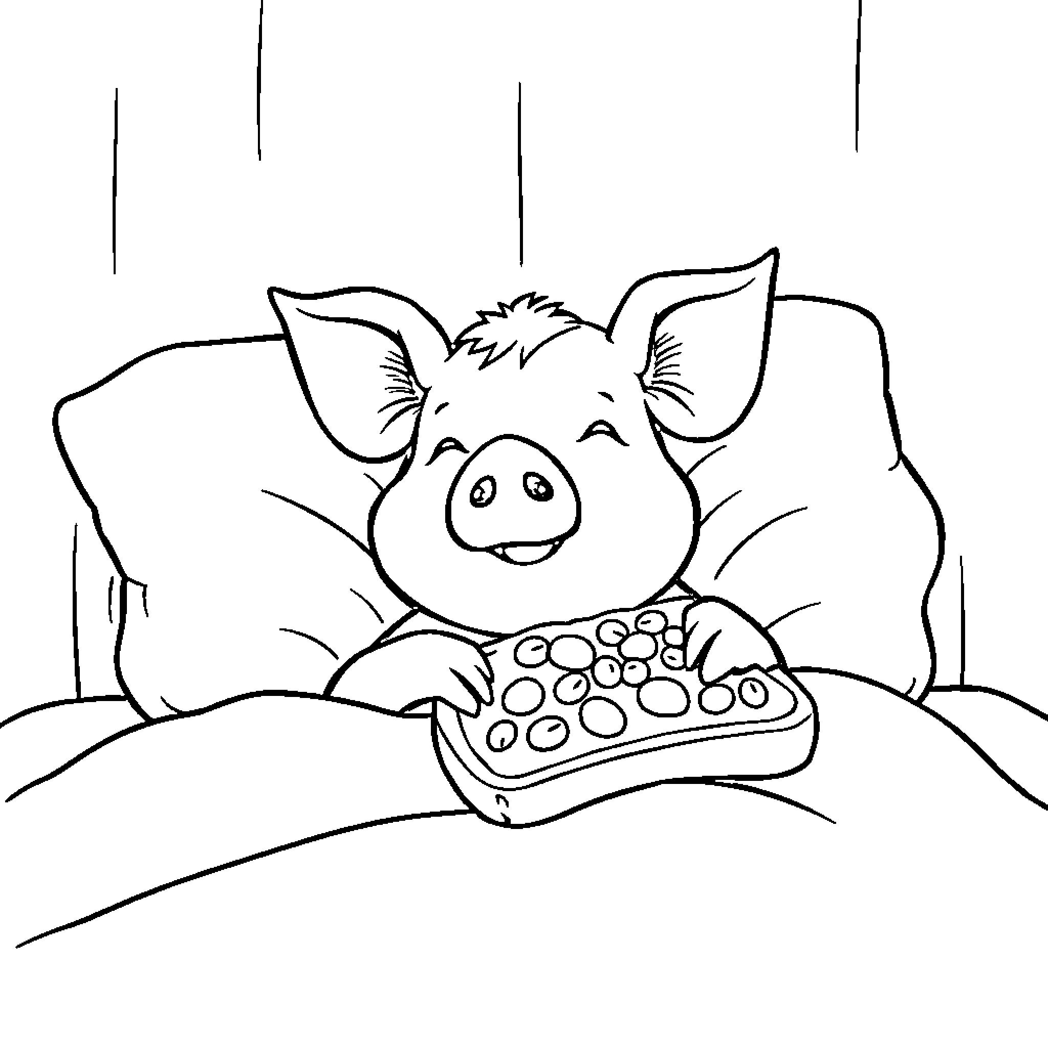 Pig happily playing video game on couch Coloring Page (free black-and-white line drawing printable PDF for all, from beginners to advanced learners, including children, teens, adults, and seniors)