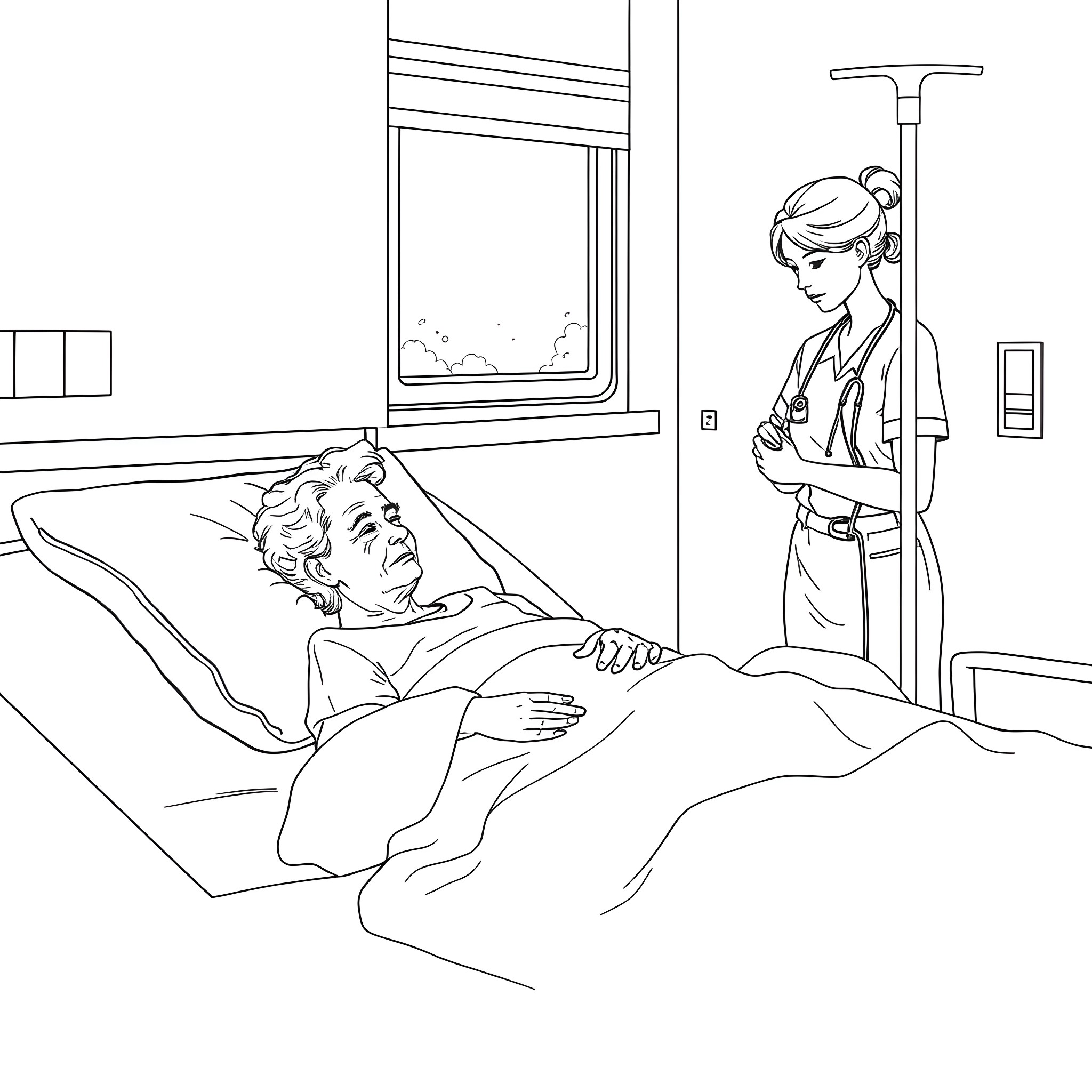 Lady in nurse attire tending to patient in hospital bed Coloring Page (free black-and-white line drawing printable PDF for all, from beginners to advanced learners, including children, teens, adults, and seniors)
