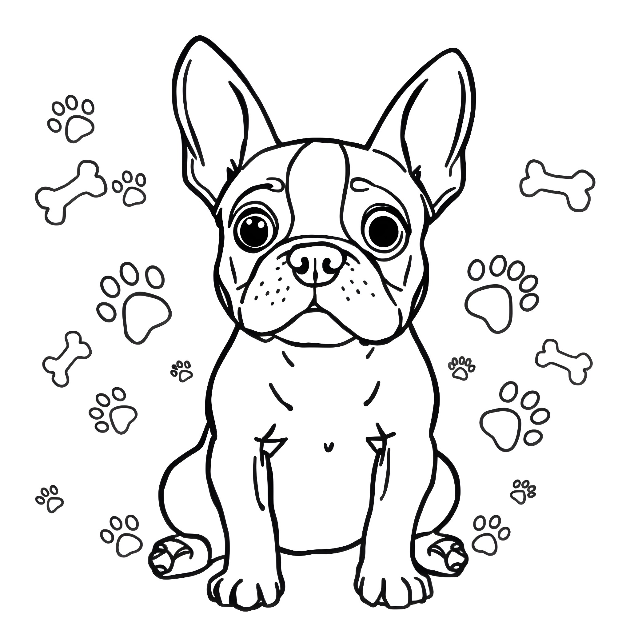 Boston Terrier with cute expression surrounded by paw prints Coloring Page (free black-and-white line drawing printable PDF for all, from beginners to advanced learners, including children, teens, adults, and seniors)