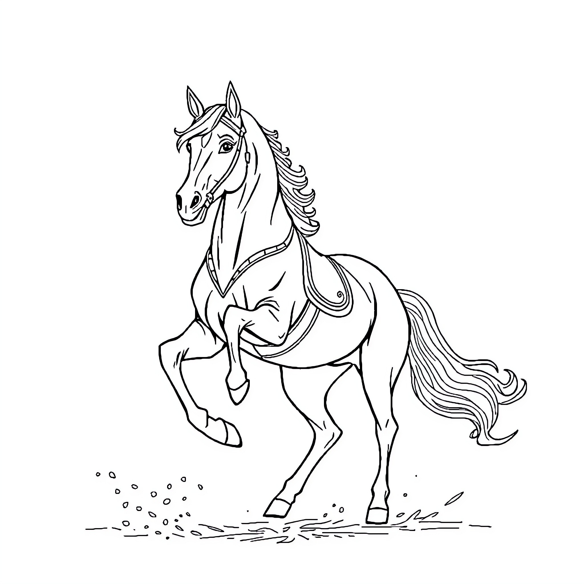 Horse Galloping Gracefully in the Wild Coloring Page (free black-and-white line drawing printable PDF for all, from beginners to advanced learners, including children, teens, adults, and seniors)