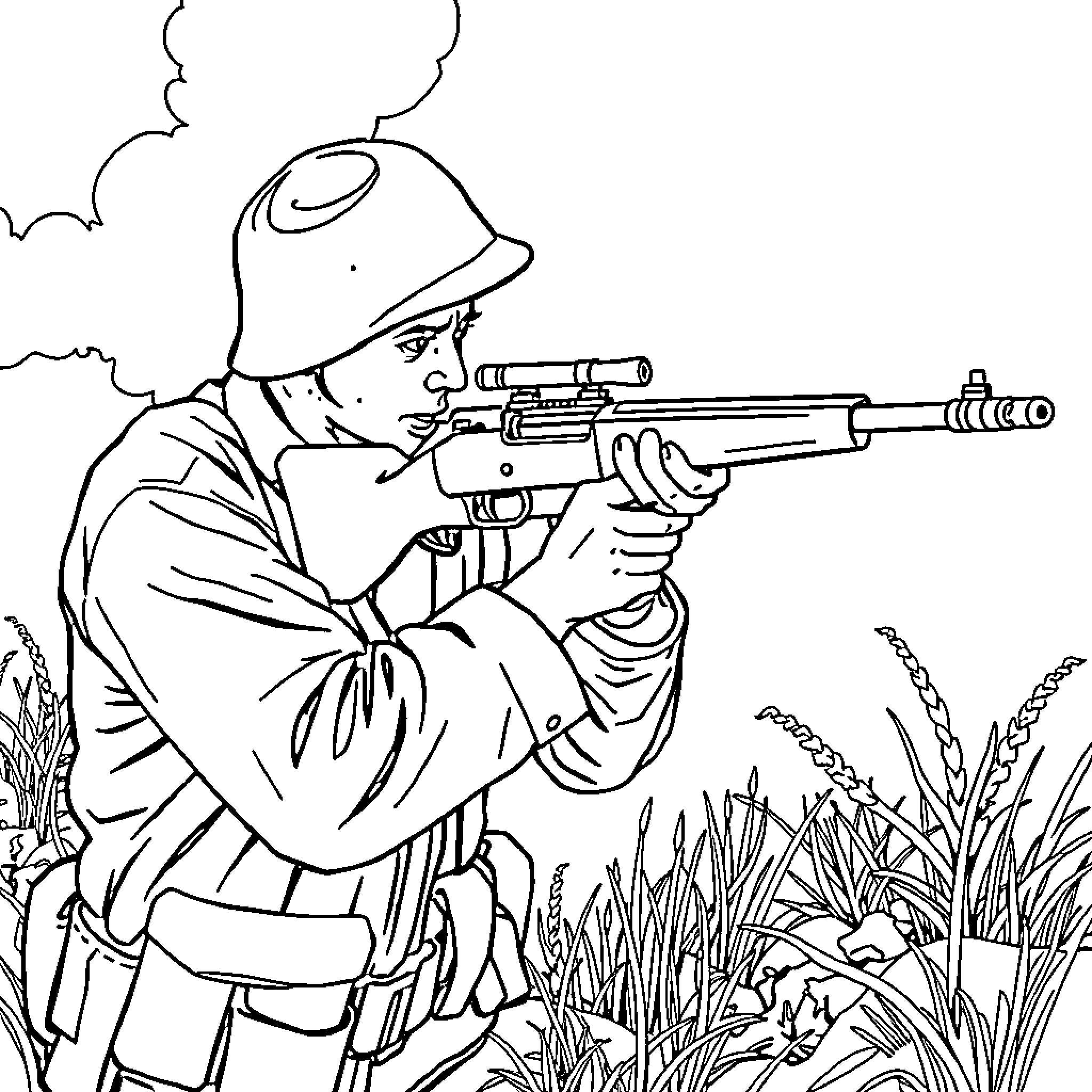 Anzac Soldier aiming rifle in the field Coloring Page (free black-and-white line drawing printable PDF for all, from beginners to advanced learners, including children, teens, adults, and seniors)