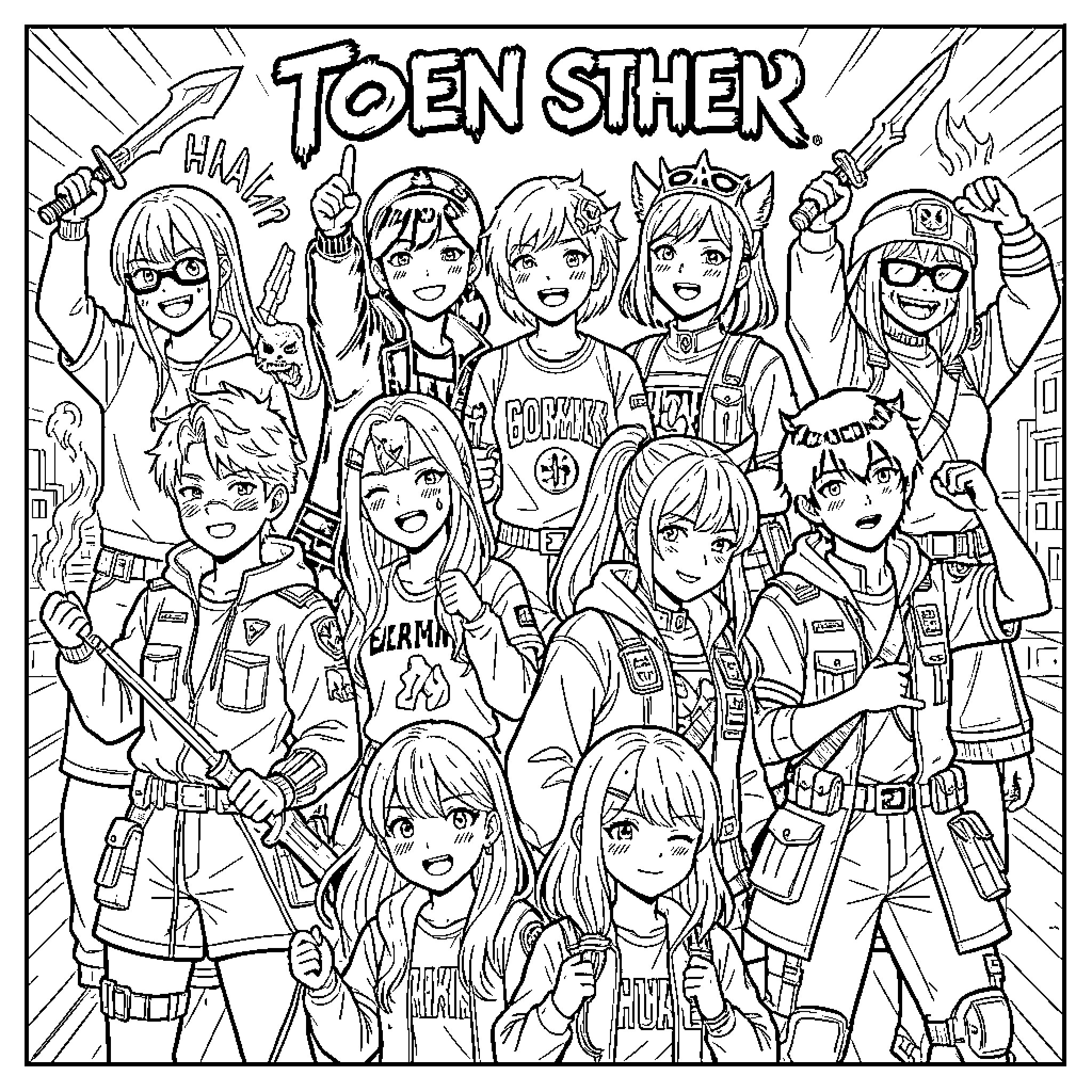 Demon warriors posing together in an action scene Coloring Page (free black-and-white line drawing printable PDF for all, from beginners to advanced learners, including children, teens, adults, and seniors)