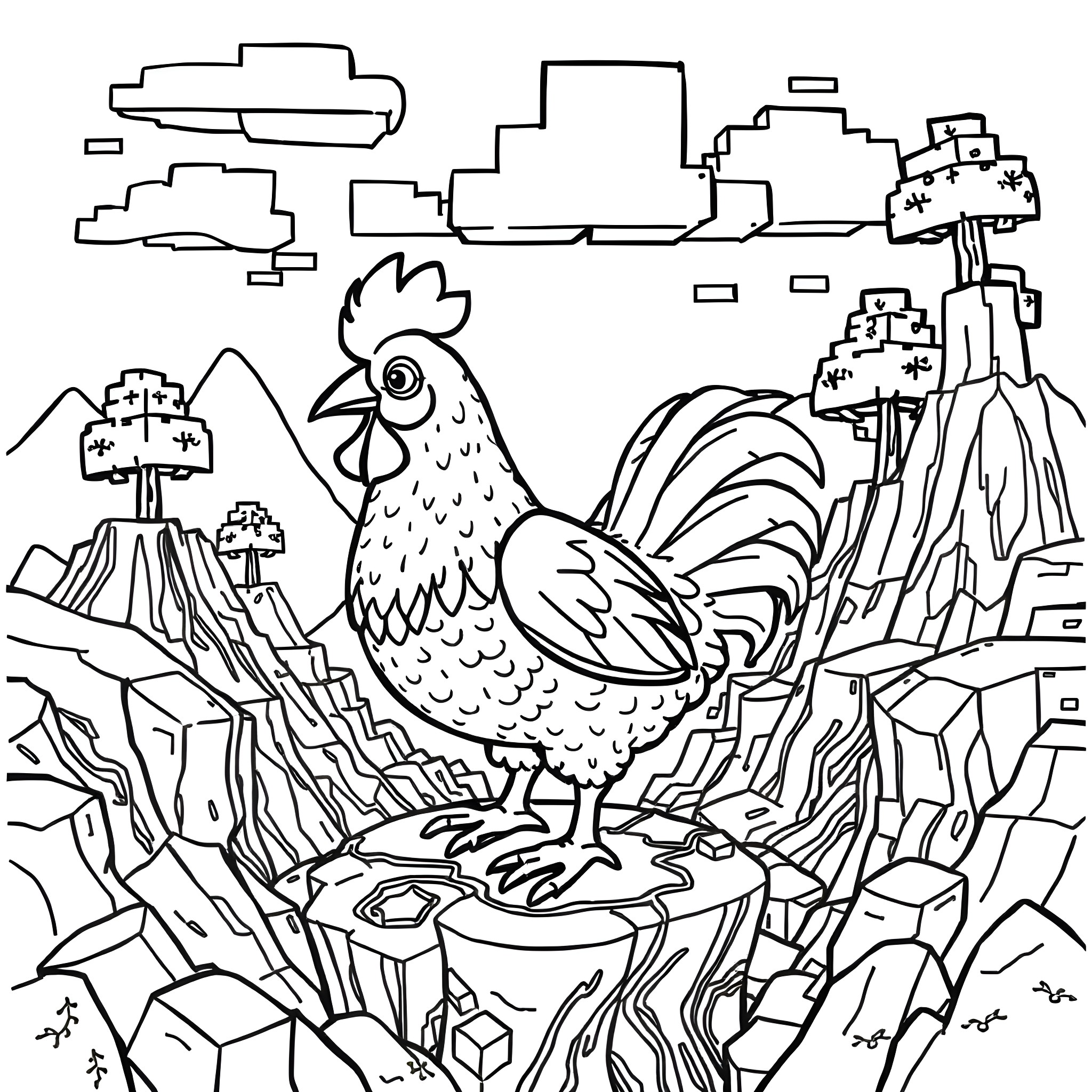 Chicken roaming freely in a mountainous landscape Coloring Page (free black-and-white line drawing printable PDF for all, from beginners to advanced learners, including children, teens, adults, and seniors)
