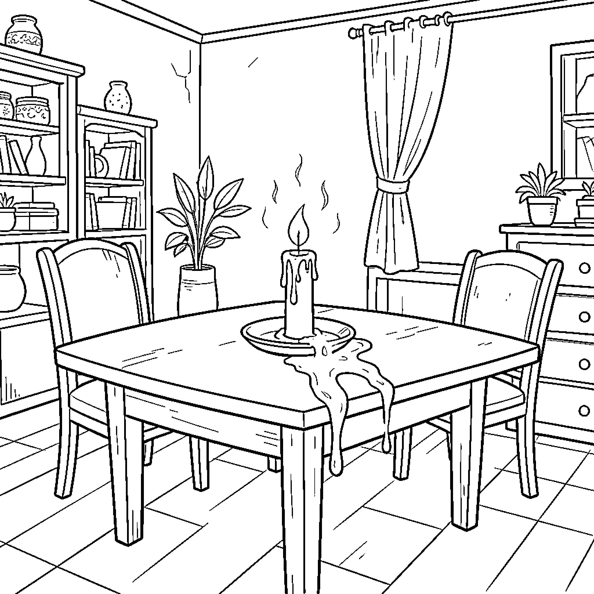 Bougie candle burning on a dining table Coloring Page (free black-and-white line drawing printable PDF for all, from beginners to advanced learners, including children, teens, adults, and seniors)