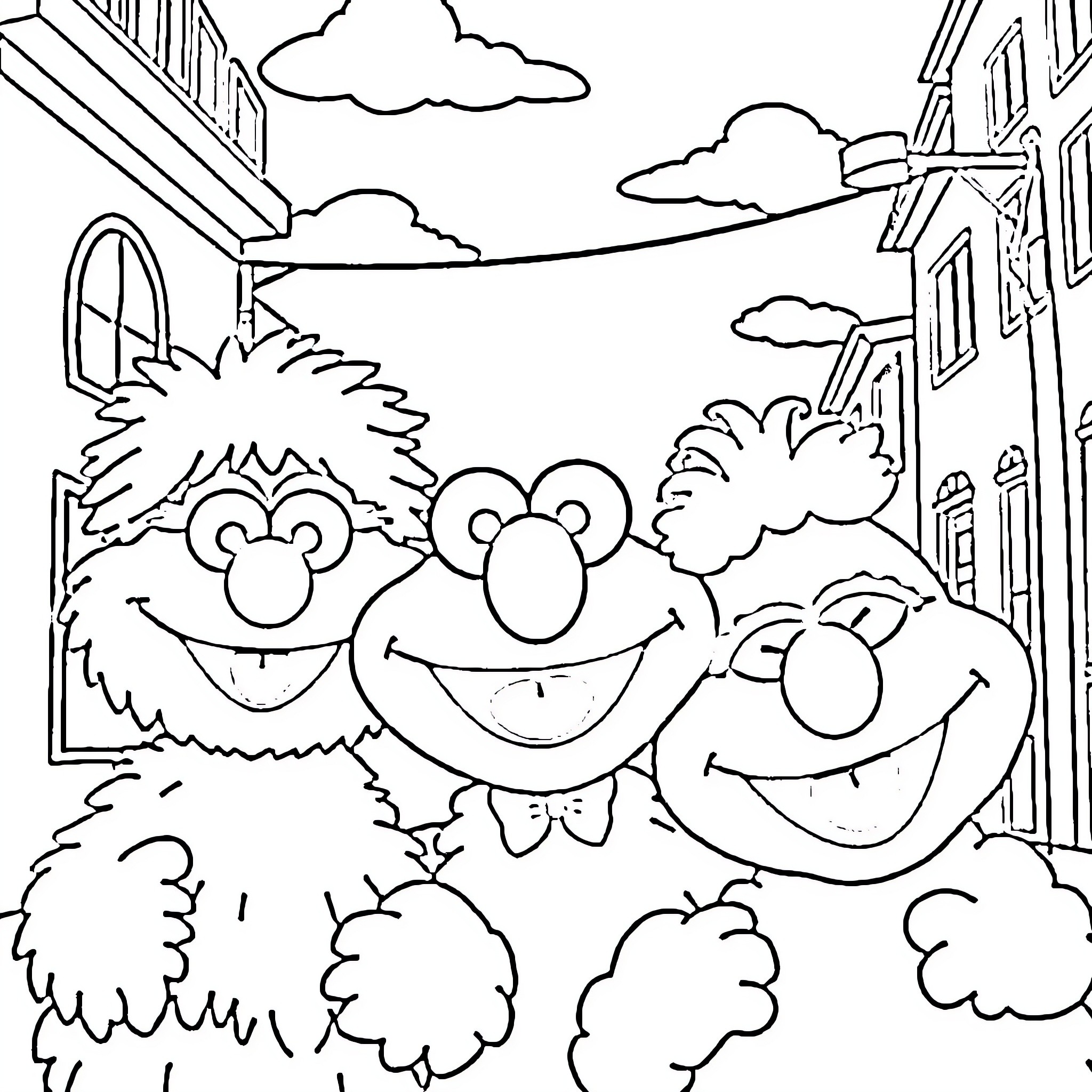Sesame Street Characters Enjoying Outdoor Scene Coloring Page (free black-and-white line drawing printable PDF for all, from beginners to advanced learners, including children, teens, adults, and seniors)