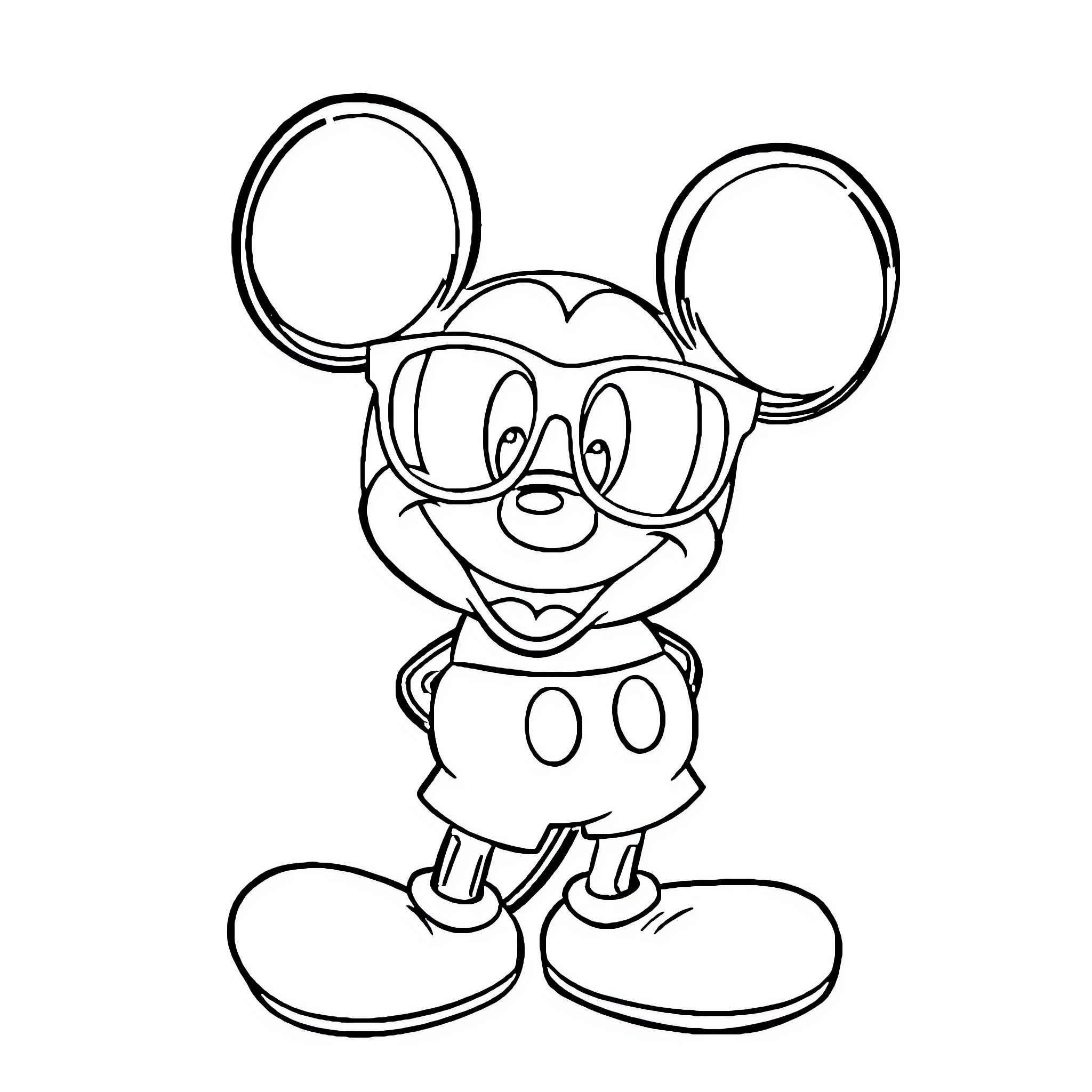 Mickey Mouse Wearing Glasses and Smiling Coloring Page (free black-and-white line drawing printable PDF for all, from beginners to advanced learners, including children, teens, adults, and seniors)