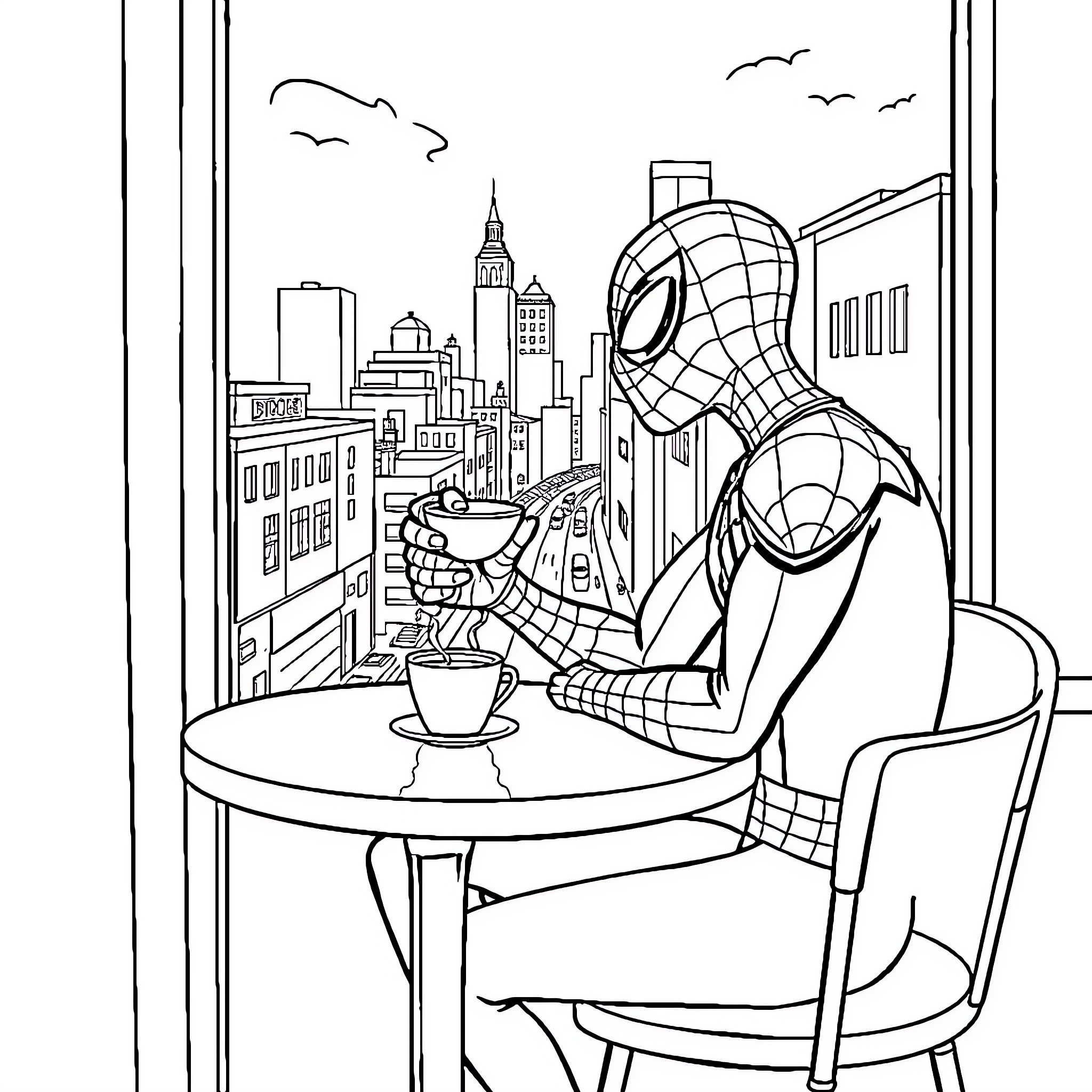 Spiderman enjoying a cup of coffee in the city Coloring Page (free black-and-white line drawing printable PDF for all, from beginners to advanced learners, including children, teens, adults, and seniors)
