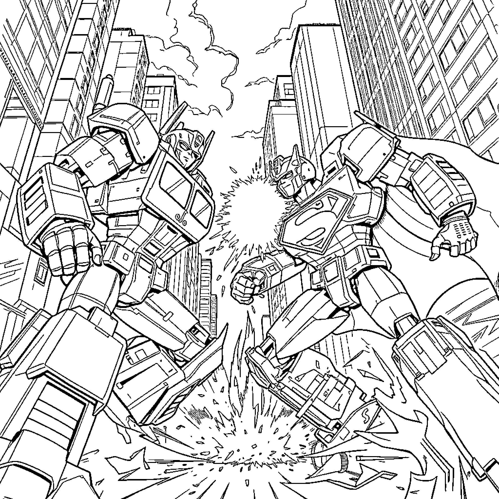 Transformer battle in the city Coloring Page (free black-and-white line drawing printable PDF for all, from beginners to advanced learners, including children, teens, adults, and seniors)