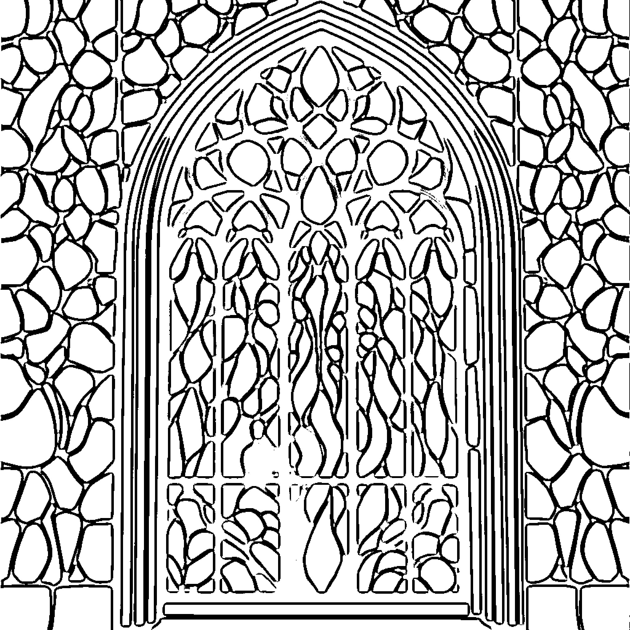 Stained Glass Architectural Patterns and Shapes Coloring Page (free black-and-white line drawing printable PDF for all, from beginners to advanced learners, including children, teens, adults, and seniors)