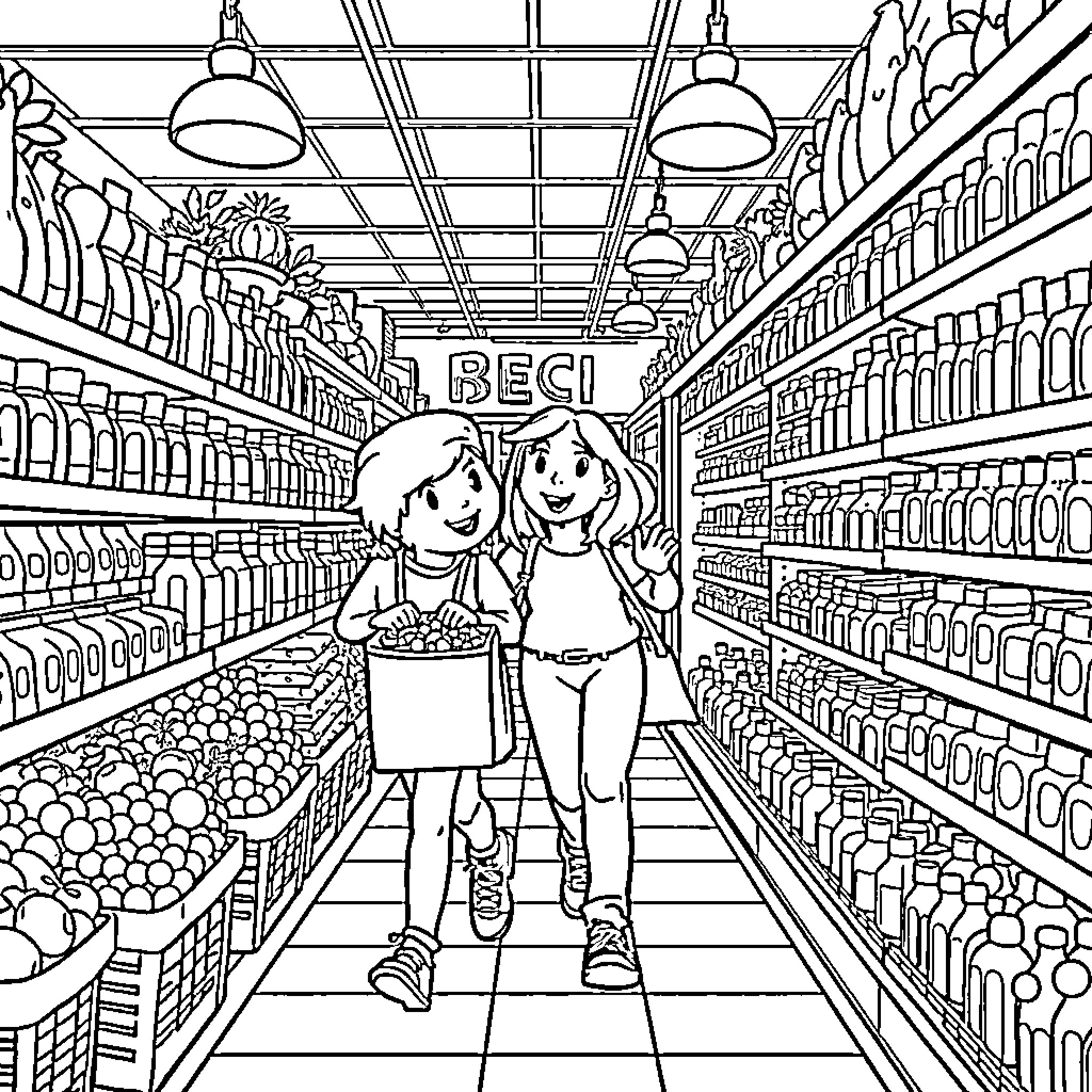 Friend shopping together in a grocery store Coloring Page (free black-and-white line drawing printable PDF for all, from beginners to advanced learners, including children, teens, adults, and seniors)