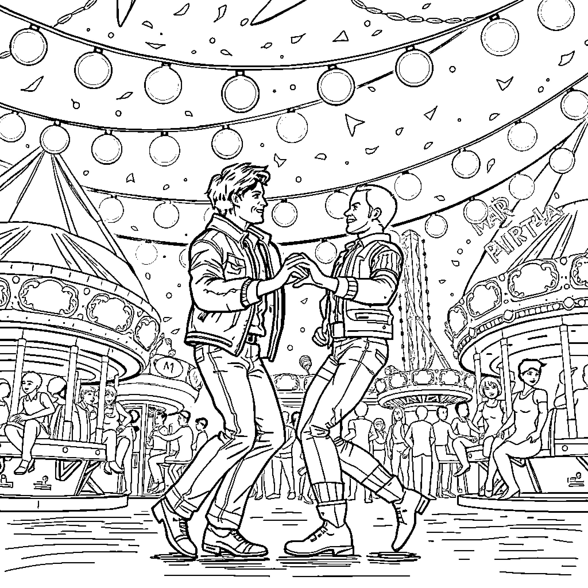 Ken Doll characters dancing at a carnival celebration Coloring Page (free black-and-white line drawing printable PDF for all, from beginners to advanced learners, including children, teens, adults, and seniors)