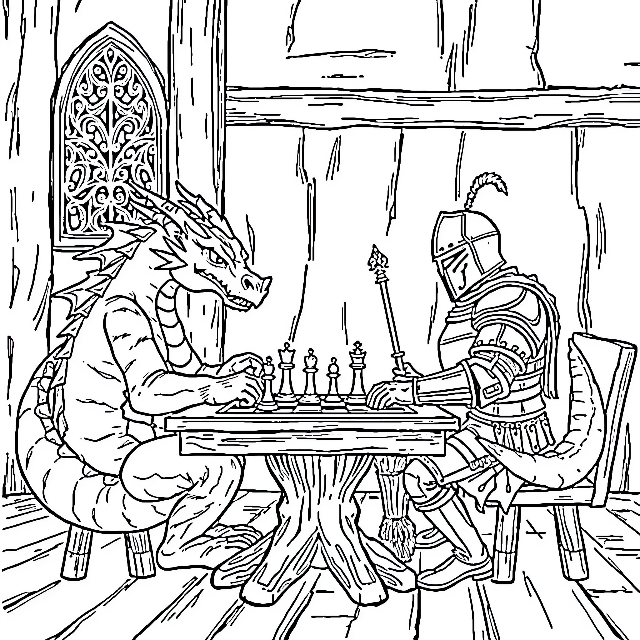 Dragon playing chess with knight in castle Coloring Page (free black-and-white line drawing printable PDF for all, from beginners to advanced learners, including children, teens, adults, and seniors)