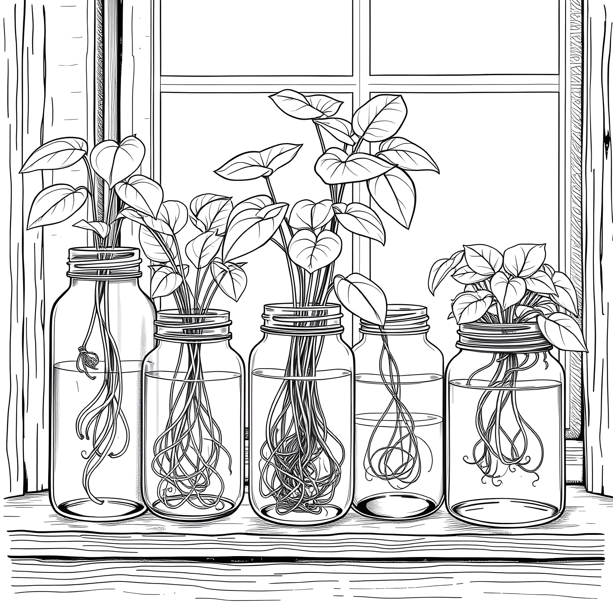 Jar of flourishing houseplants on a windowsill Coloring Page (free black-and-white line drawing printable PDF for all, from beginners to advanced learners, including children, teens, adults, and seniors)