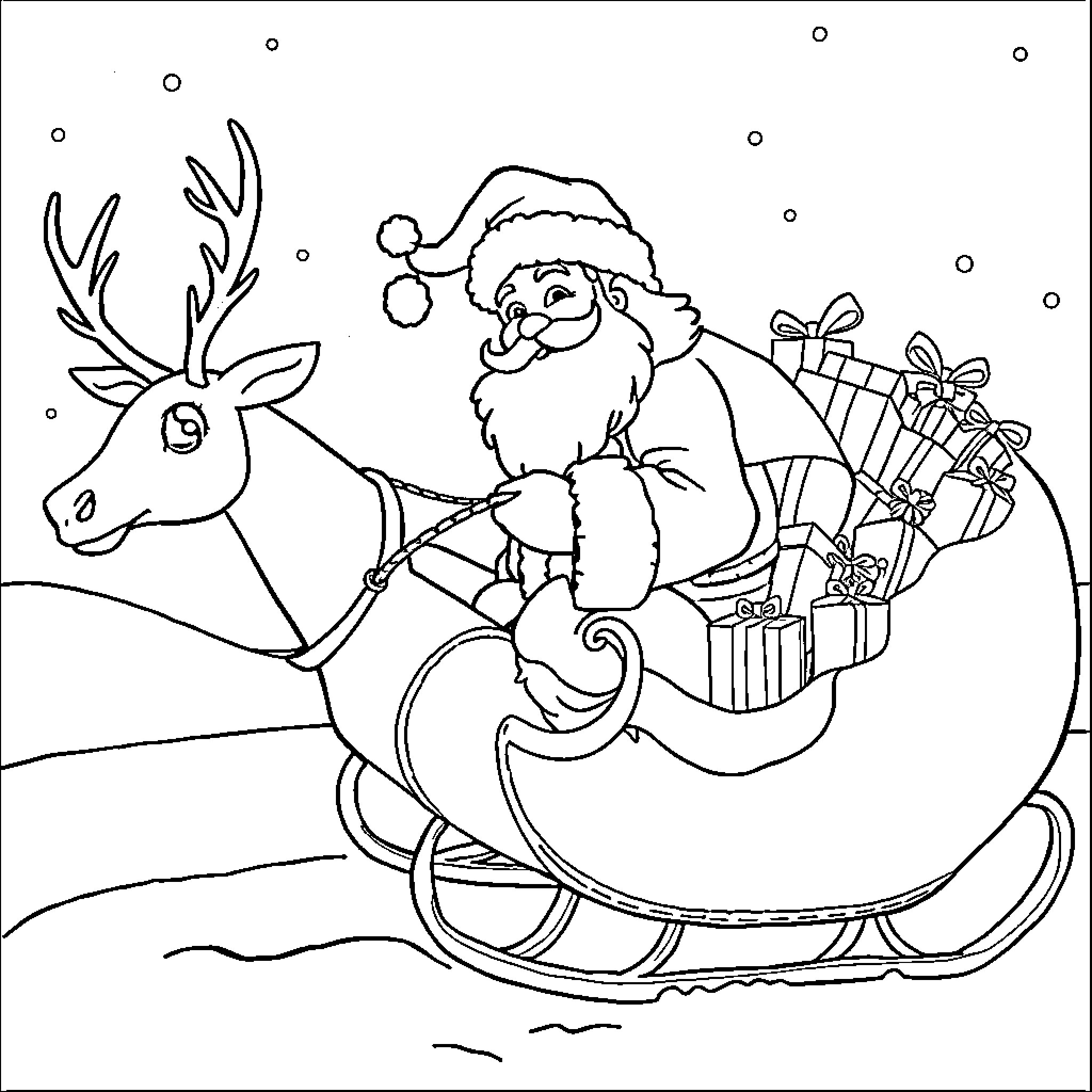 Santa riding his sleigh with presents Coloring Page (free black-and-white line drawing printable PDF for all, from beginners to advanced learners, including children, teens, adults, and seniors)