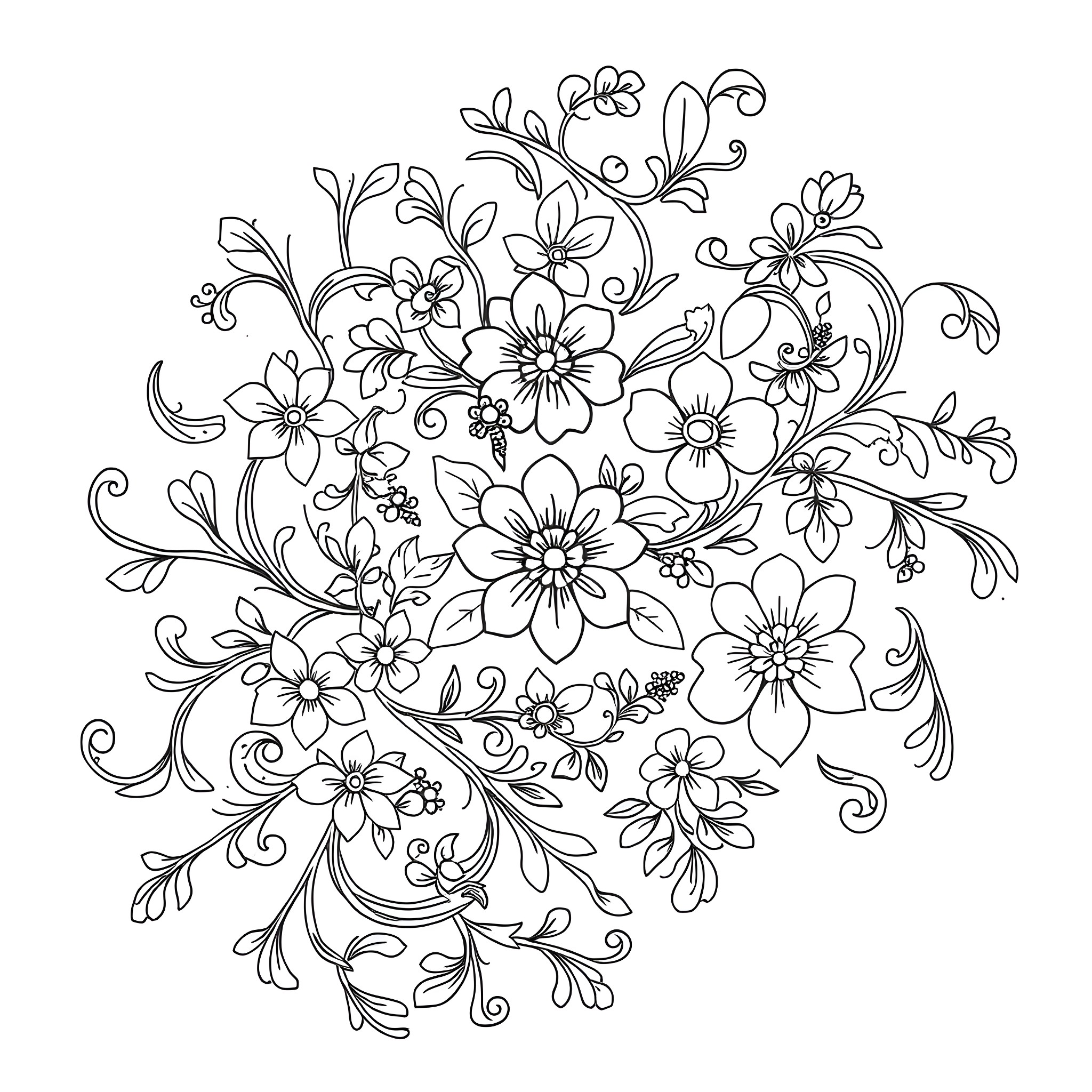 Paisley Floral Bouquet with Intricate Patterns Coloring Page (free black-and-white line drawing printable PDF for all, from beginners to advanced learners, including children, teens, adults, and seniors)