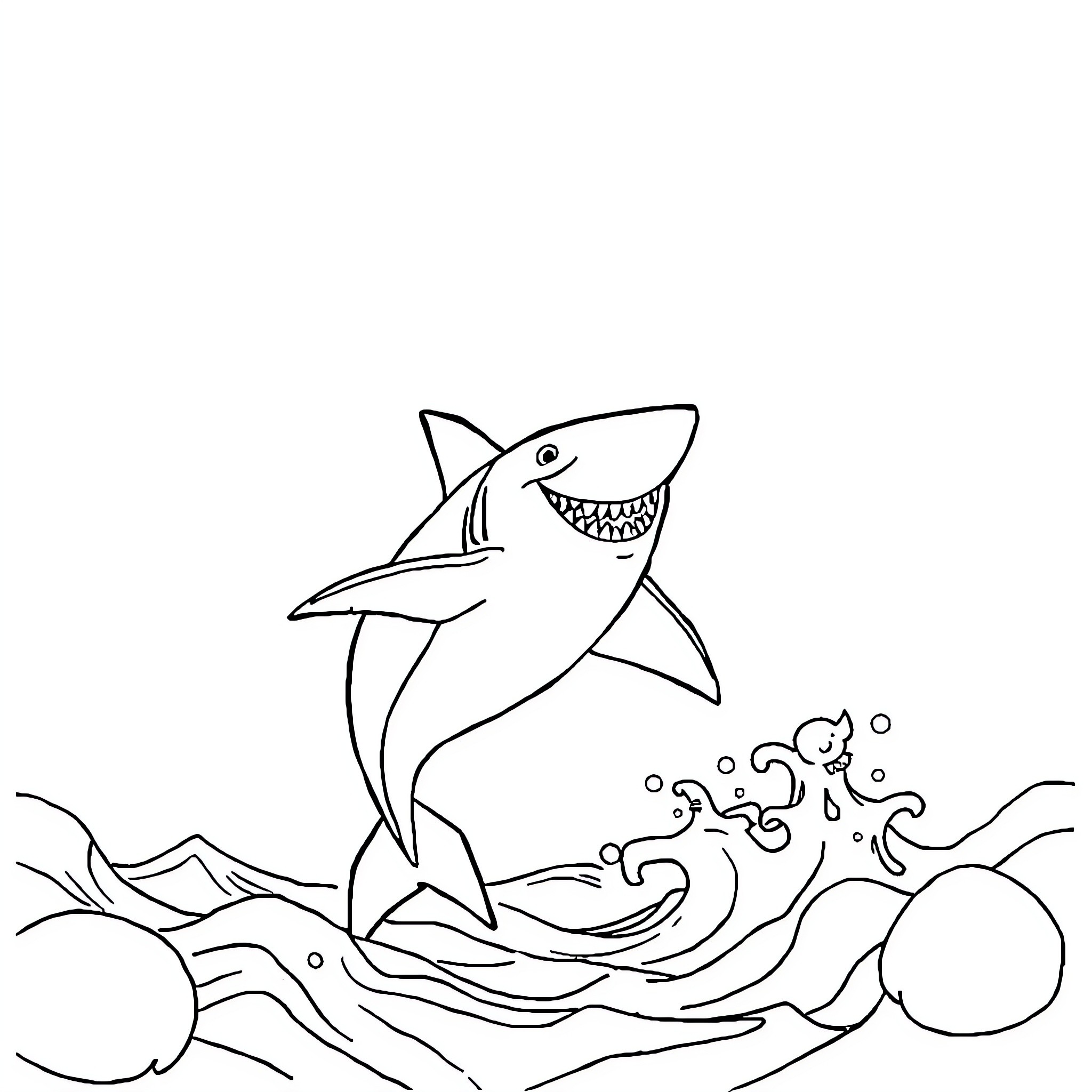 Shark swimming playfully in the ocean Coloring Page (free black-and-white line drawing printable PDF for all, from beginners to advanced learners, including children, teens, adults, and seniors)