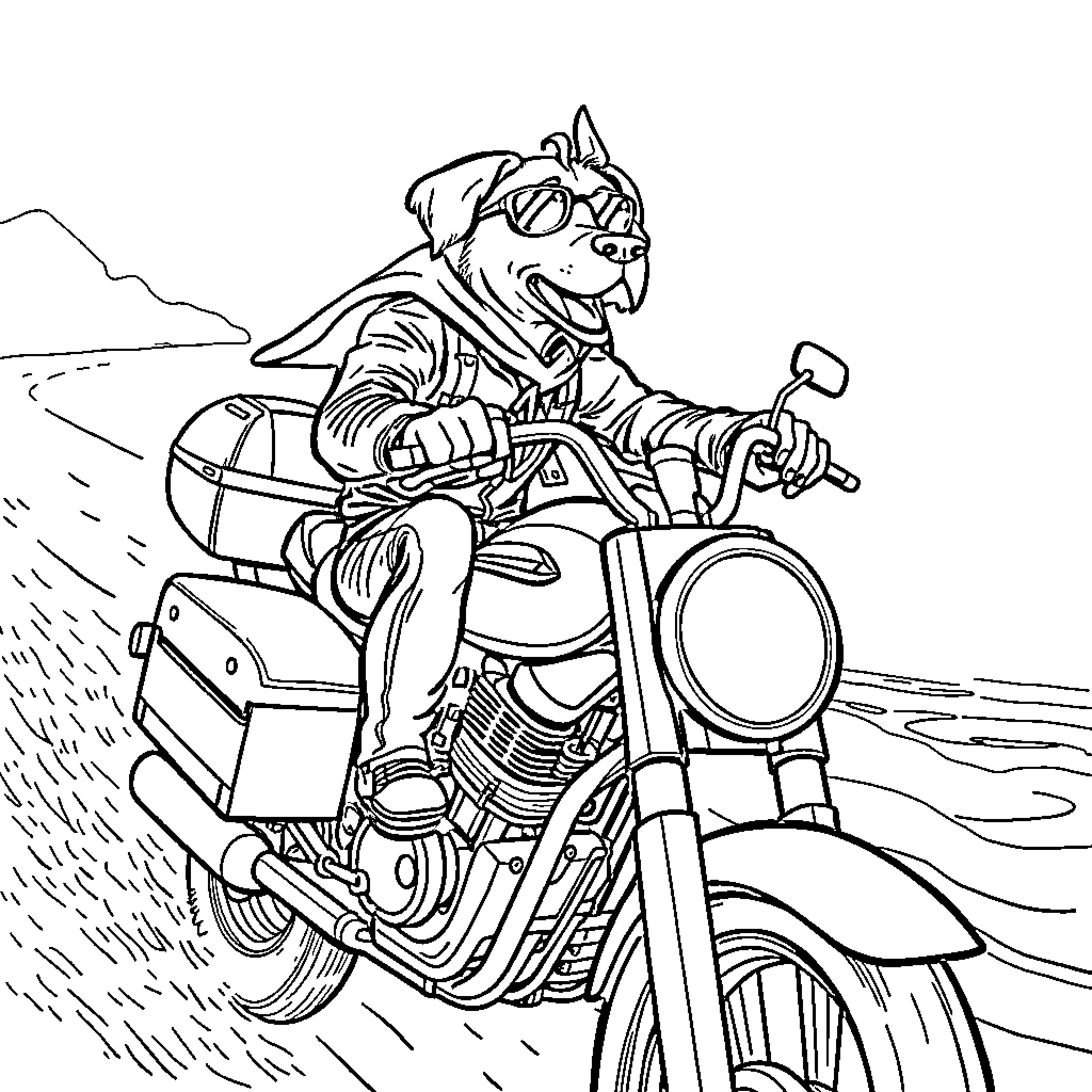 Sheriff Labrador riding a motorcycle down the road Coloring Page (free black-and-white line drawing printable PDF for all, from beginners to advanced learners, including children, teens, adults, and seniors)