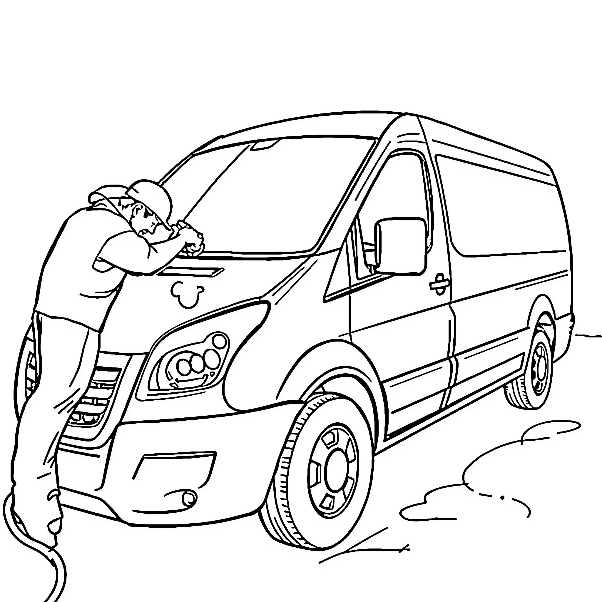 Van driver examining vehicle on the road Coloring Page (free black-and-white line drawing printable PDF for all, from beginners to advanced learners, including children, teens, adults, and seniors)