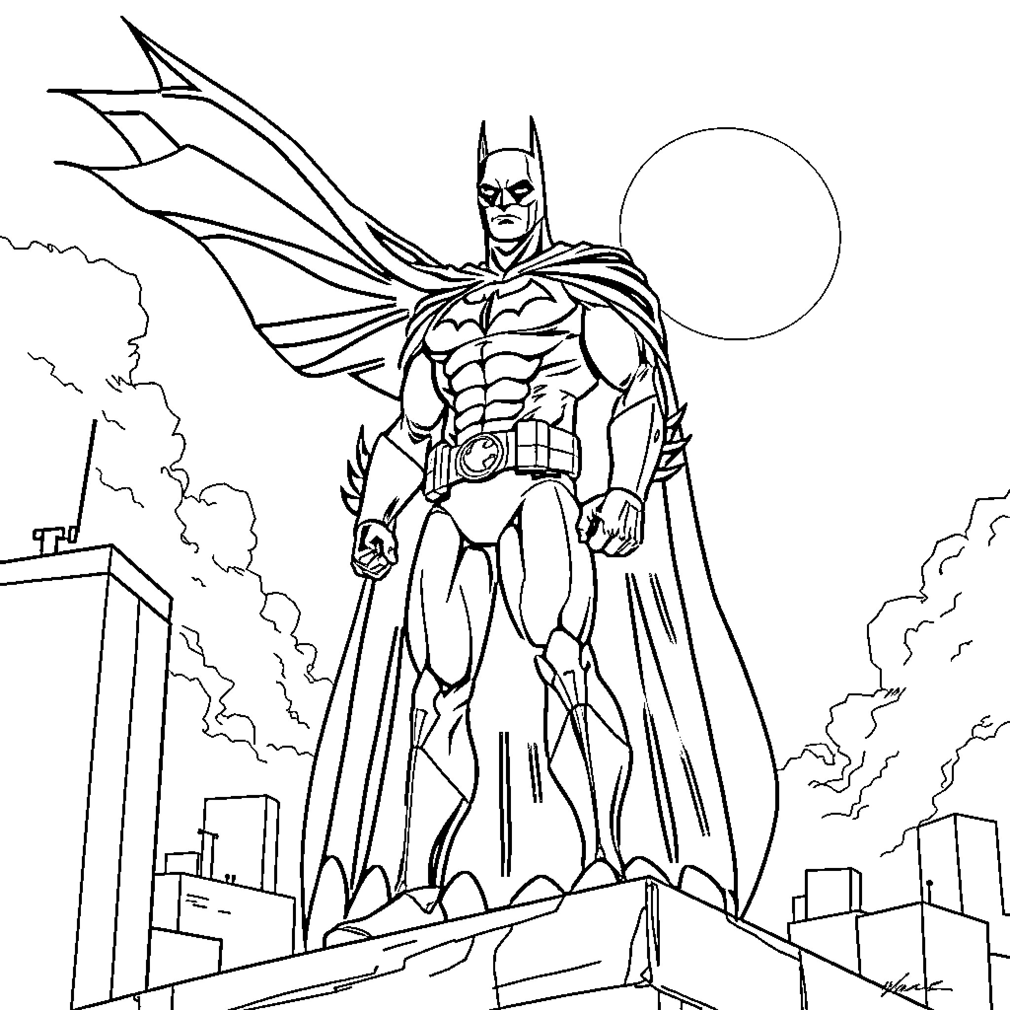 Batman standing heroically in a dramatic cityscape Coloring Page (free black-and-white line drawing printable PDF for all, from beginners to advanced learners, including children, teens, adults, and seniors)