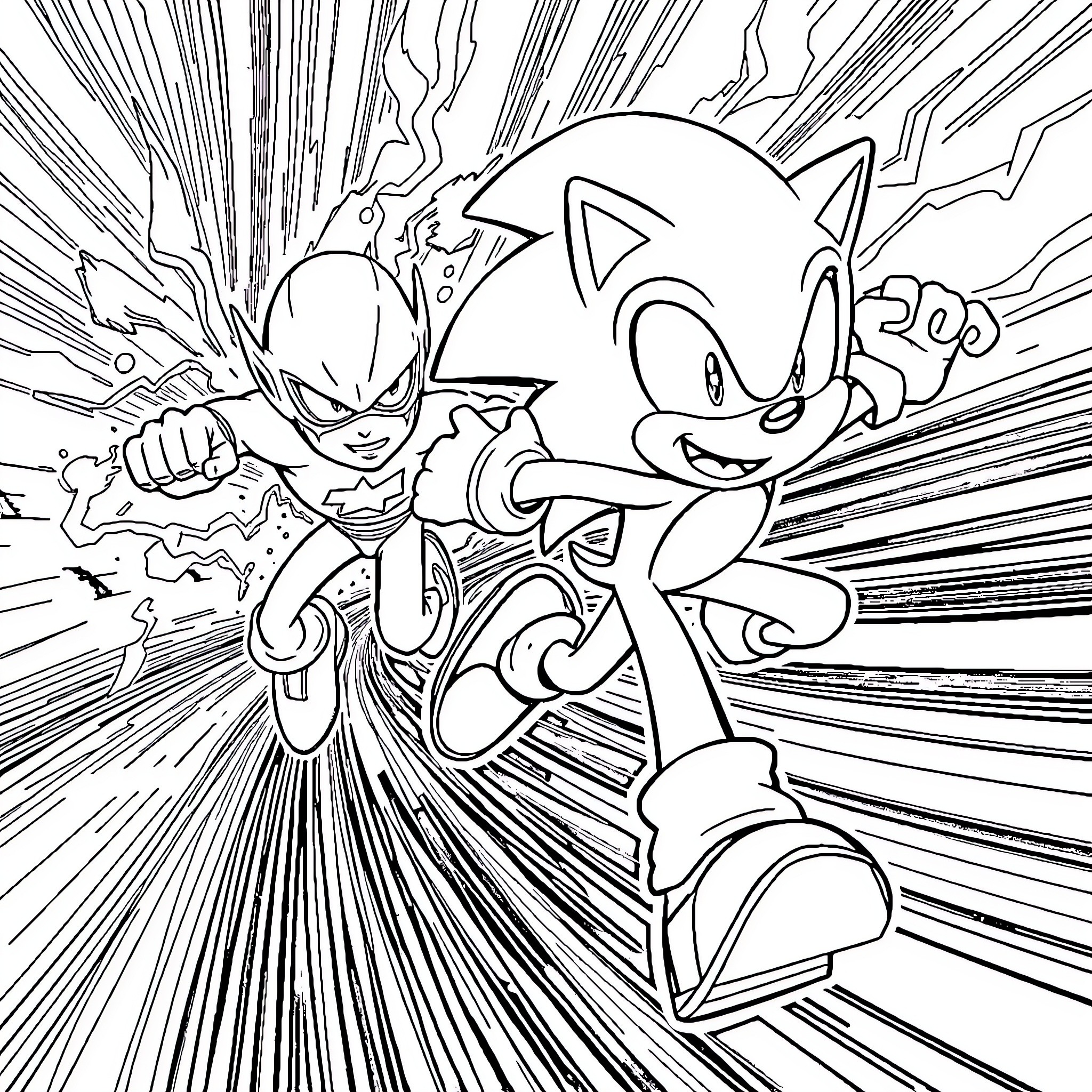 Sonic speeding through dynamic action scene Coloring Page (free black-and-white line drawing printable PDF for all, from beginners to advanced learners, including children, teens, adults, and seniors)