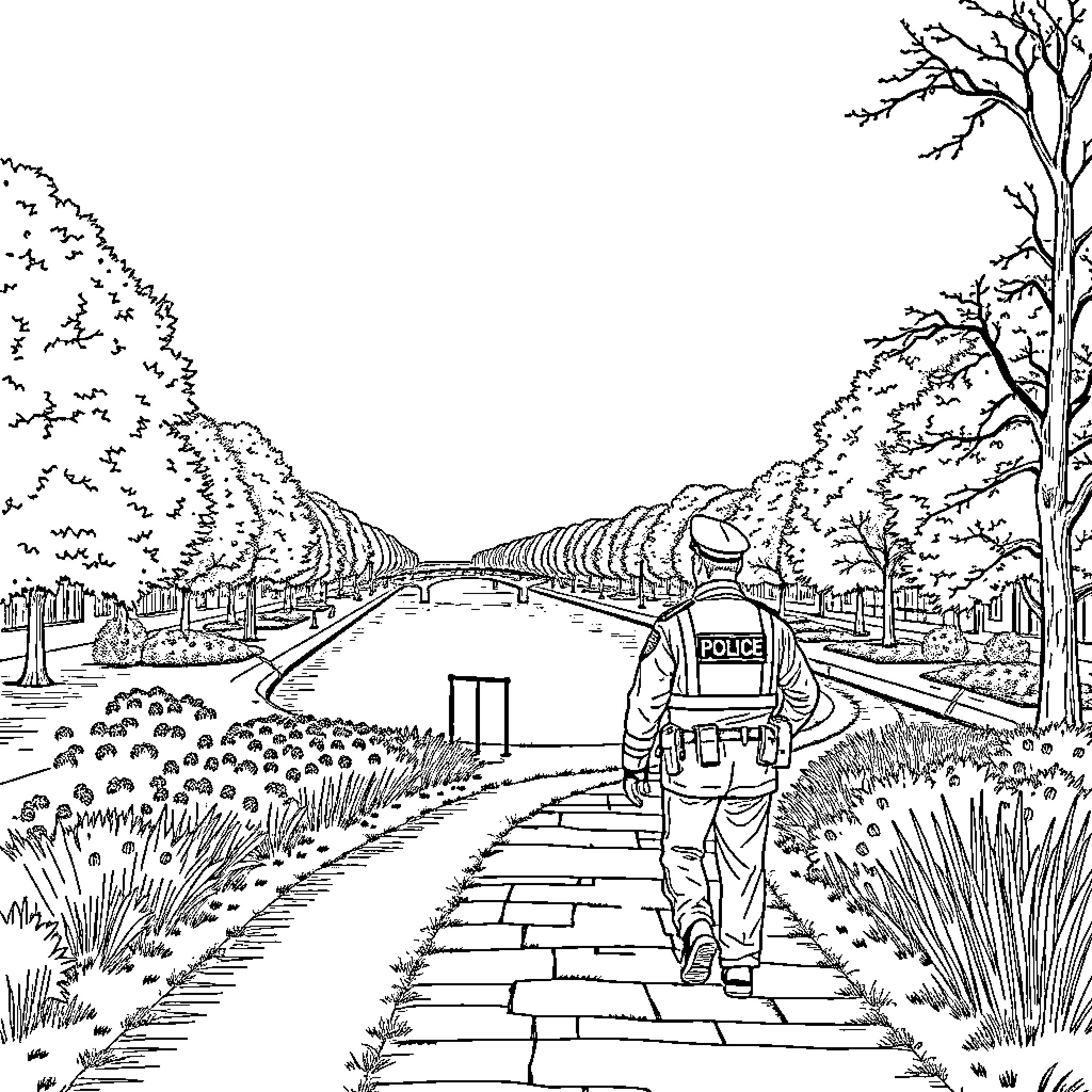 Policier patrolling the quiet suburban neighborhood Coloring Page (free black-and-white line drawing printable PDF for all, from beginners to advanced learners, including children, teens, adults, and seniors)
