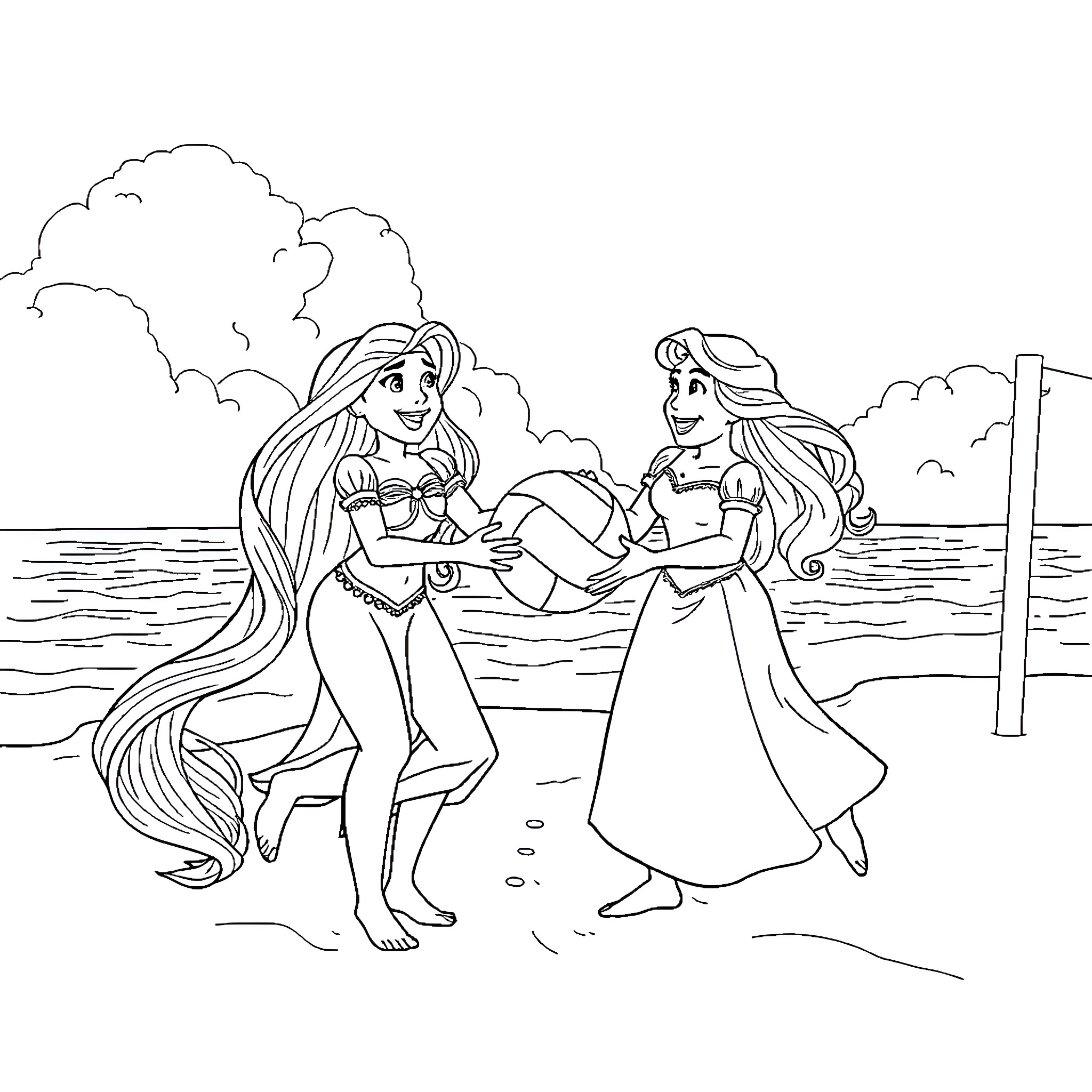 Rapunzel and friends enjoying a day by the sea Coloring Page (free black-and-white line drawing printable PDF for all, from beginners to advanced learners, including children, teens, adults, and seniors)