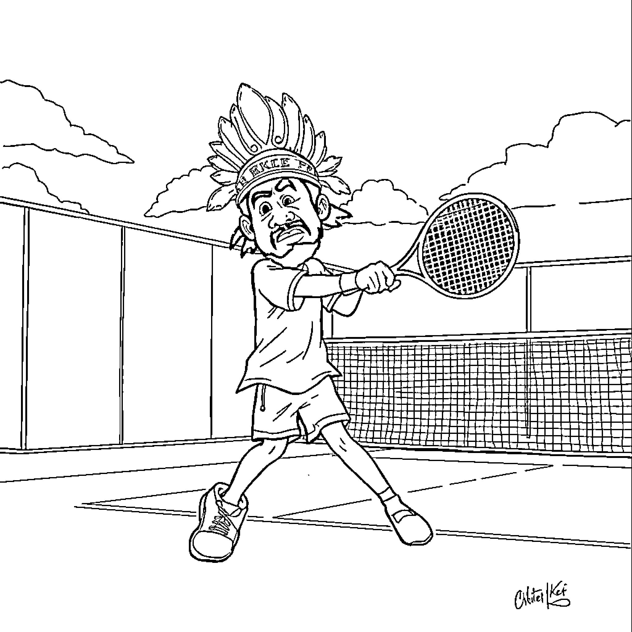 Chief Keef playing tennis on the court Coloring Page (free black-and-white line drawing printable PDF for all, from beginners to advanced learners, including children, teens, adults, and seniors)