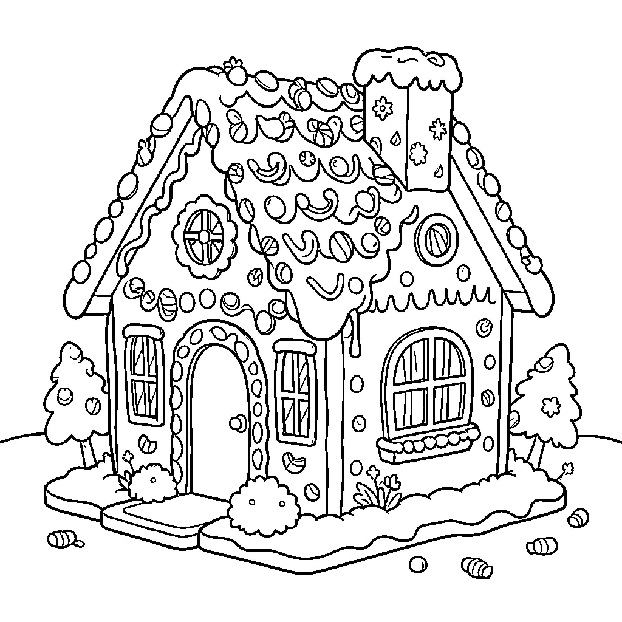 Gingerbread House with Whimsical Decorations Coloring Page (free black-and-white line drawing printable PDF for all, from beginners to advanced learners, including children, teens, adults, and seniors)