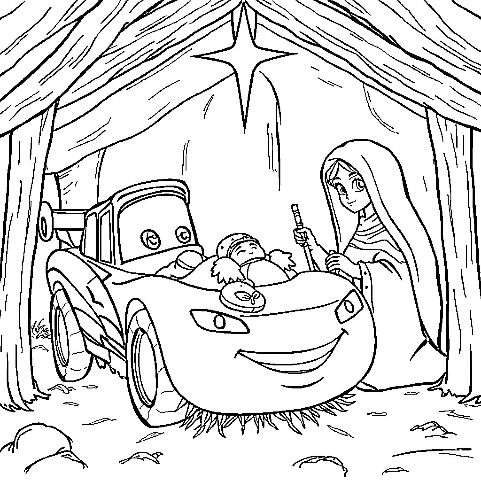 Cars in a Nativity Scene Coloring Page (free black-and-white line drawing printable PDF for all, from beginners to advanced learners, including children, teens, adults, and seniors)