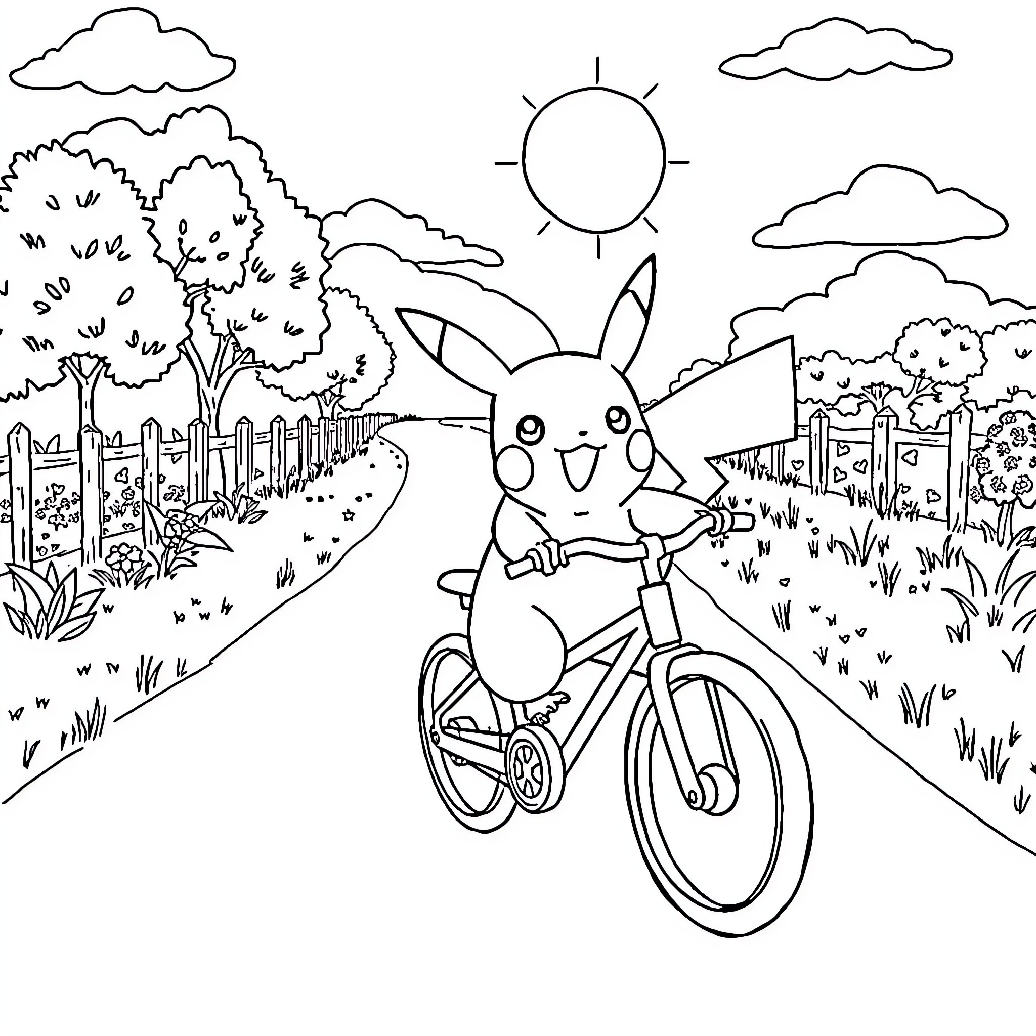Pikachu riding a bicycle in a scenic park Coloring Page (free black-and-white line drawing printable PDF for all, from beginners to advanced learners, including children, teens, adults, and seniors)