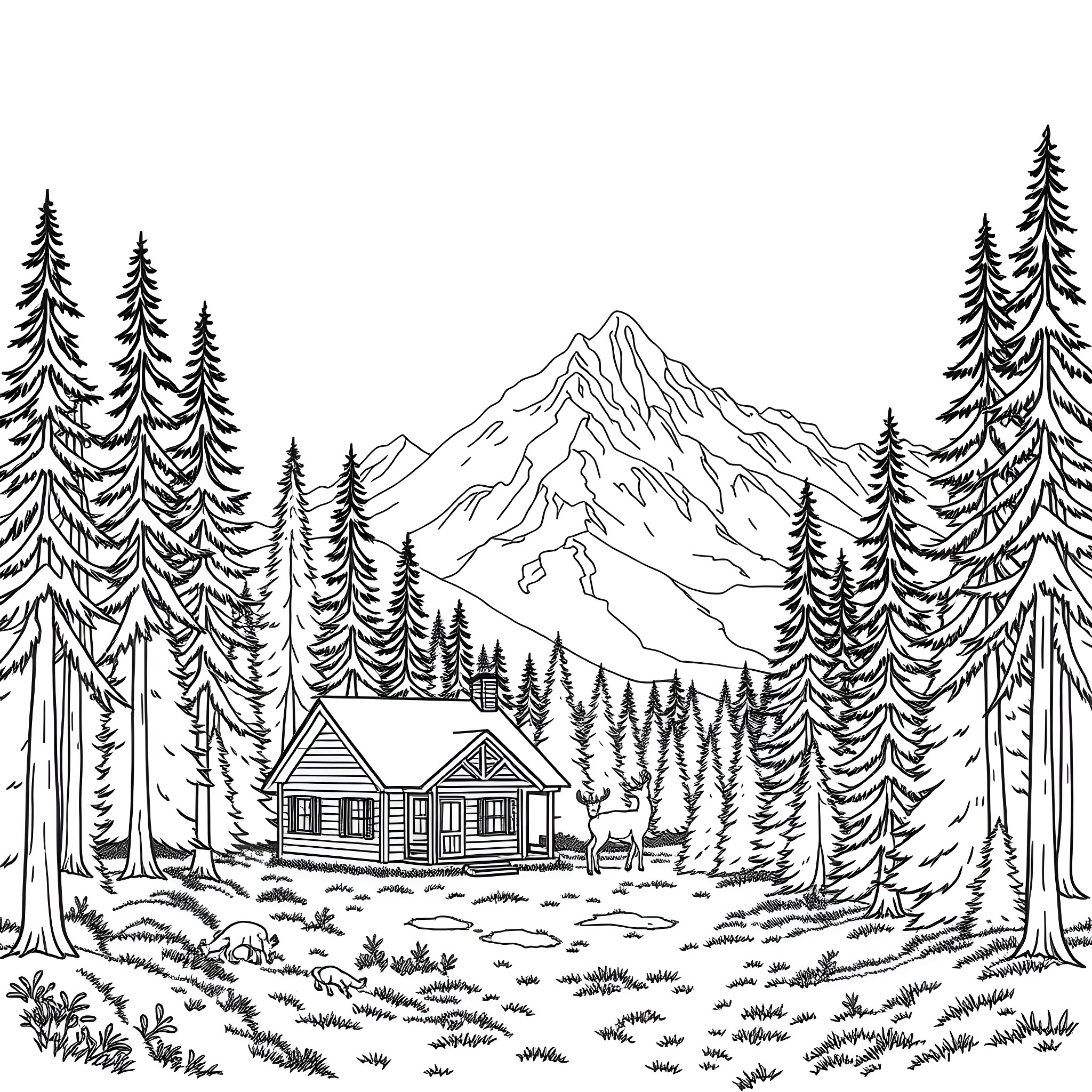 Cabin in the forested mountain landscape Coloring Page (free black-and-white line drawing printable PDF for all, from beginners to advanced learners, including children, teens, adults, and seniors)