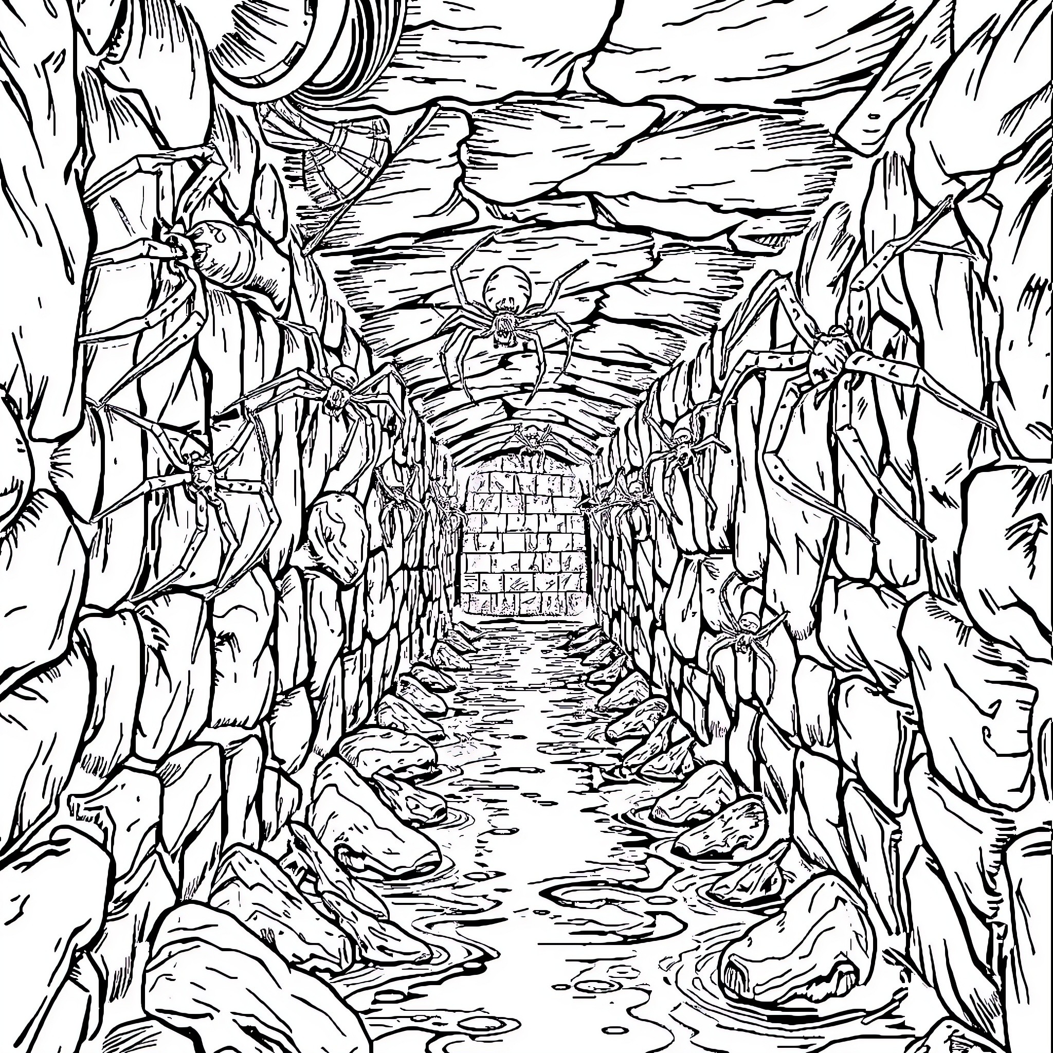 Spider Sorcerer's Enchanted Cavern Coloring Page (free black-and-white line drawing printable PDF for all, from beginners to advanced learners, including children, teens, adults, and seniors)