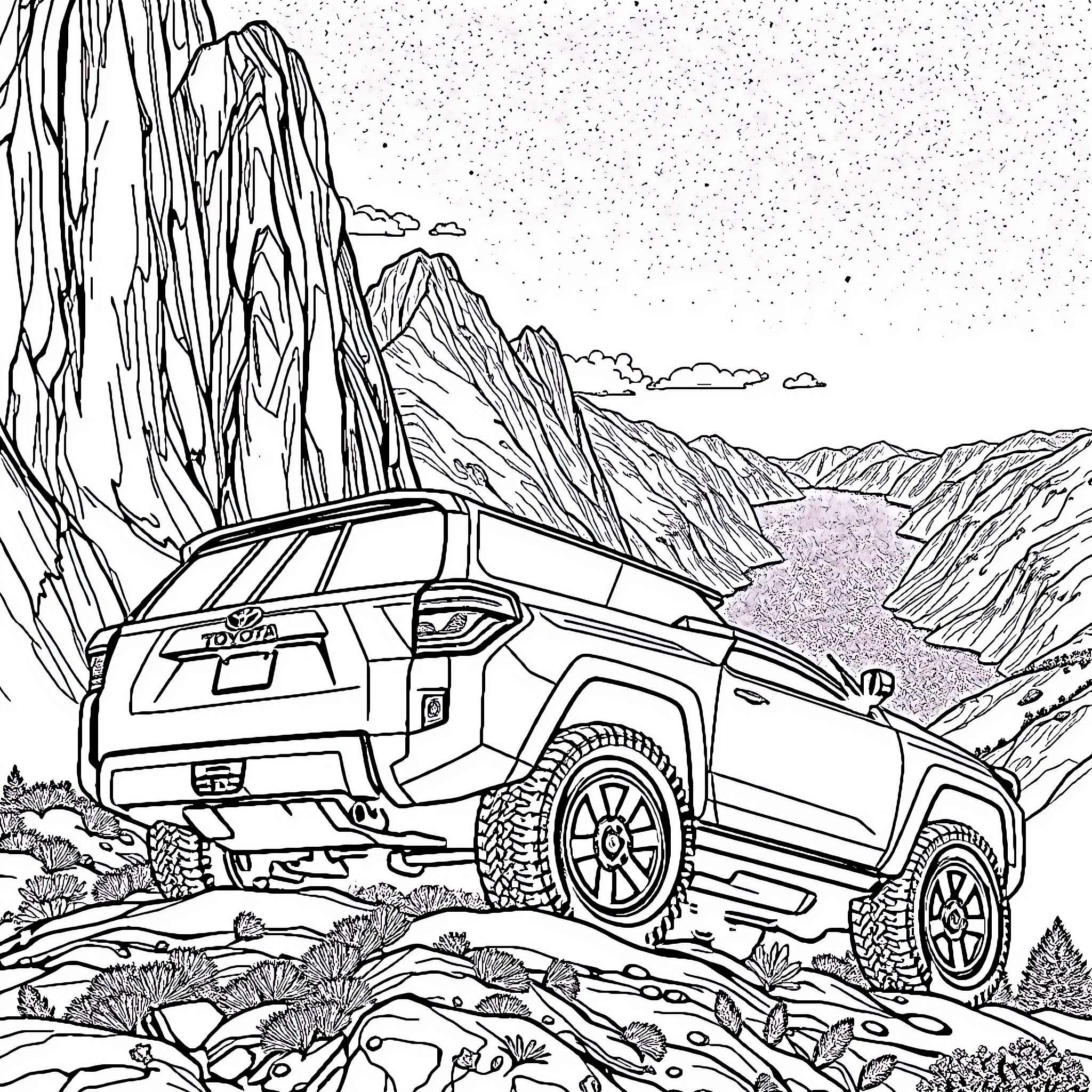 Toyota 4Runner traversing rugged mountain terrain Coloring Page (free black-and-white line drawing printable PDF for all, from beginners to advanced learners, including children, teens, adults, and seniors)