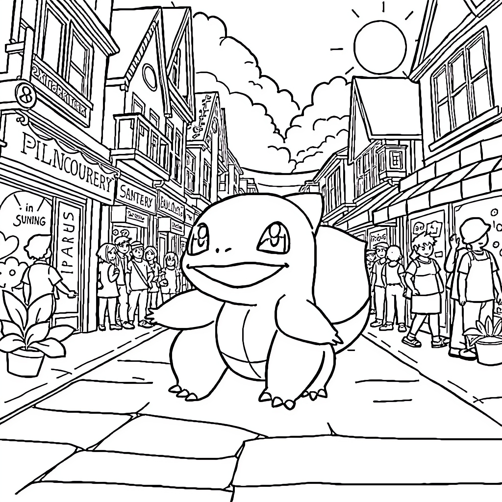 Bulbasaur exploring the bustling city streets Coloring Page (free black-and-white line drawing printable PDF for all, from beginners to advanced learners, including children, teens, adults, and seniors)