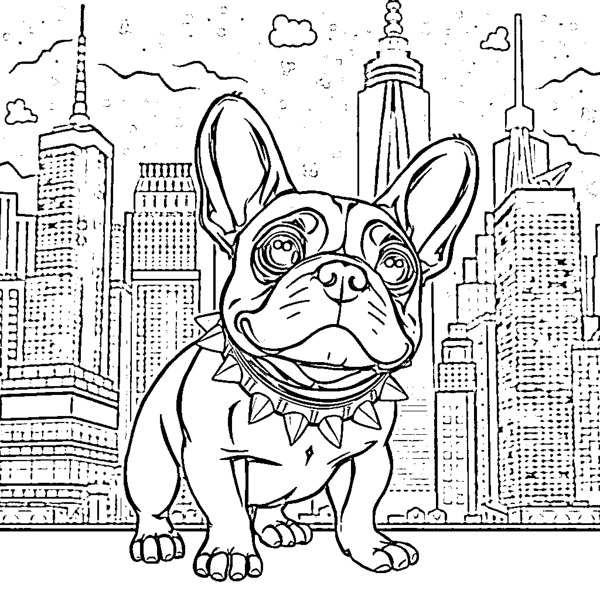 French Bulldog Exploring the City Skyline Coloring Page (free black-and-white line drawing printable PDF for all, from beginners to advanced learners, including children, teens, adults, and seniors)