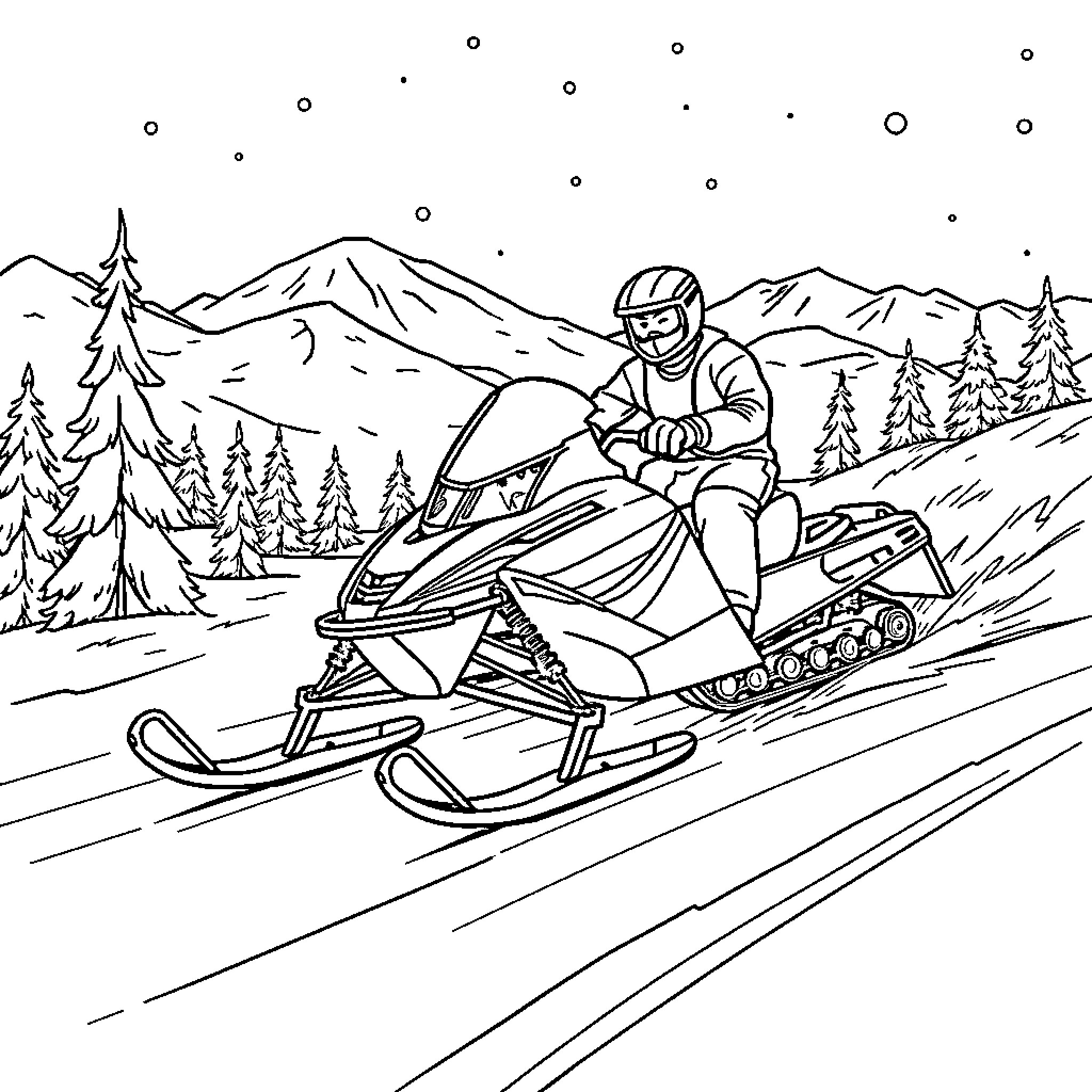 Snowmobile racing through snowy mountain landscape Coloring Page (free black-and-white line drawing printable PDF for all, from beginners to advanced learners, including children, teens, adults, and seniors)