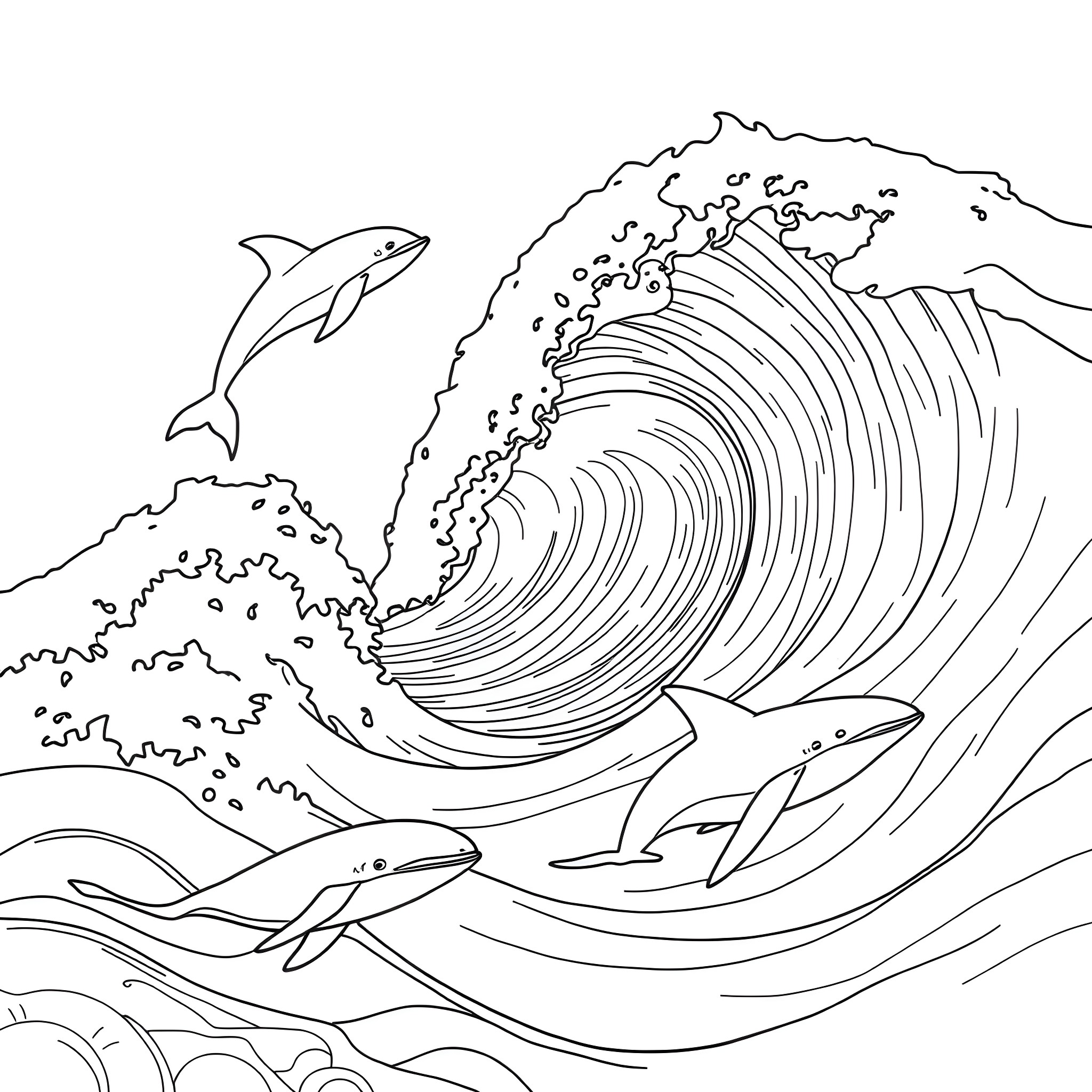 Ocean scene with jumping dolphins and crashing waves Coloring Page (free black-and-white line drawing printable PDF for all, from beginners to advanced learners, including children, teens, adults, and seniors)