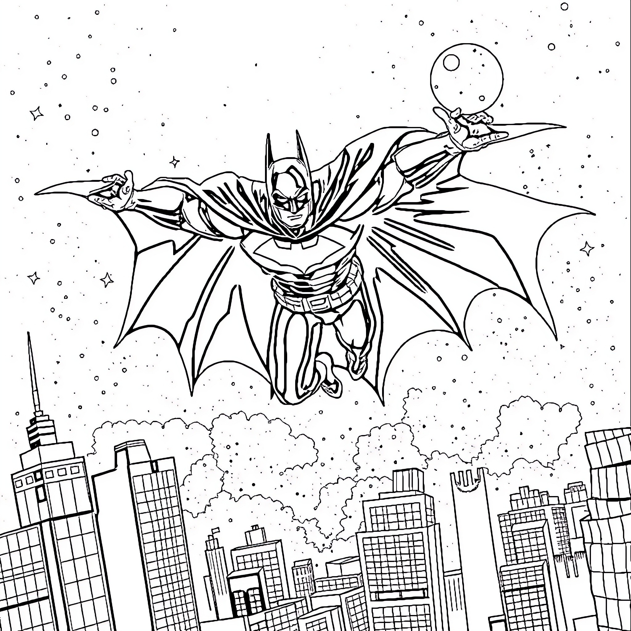 Batman soaring through the night sky above a city Coloring Page (free black-and-white line drawing printable PDF for all, from beginners to advanced learners, including children, teens, adults, and seniors)