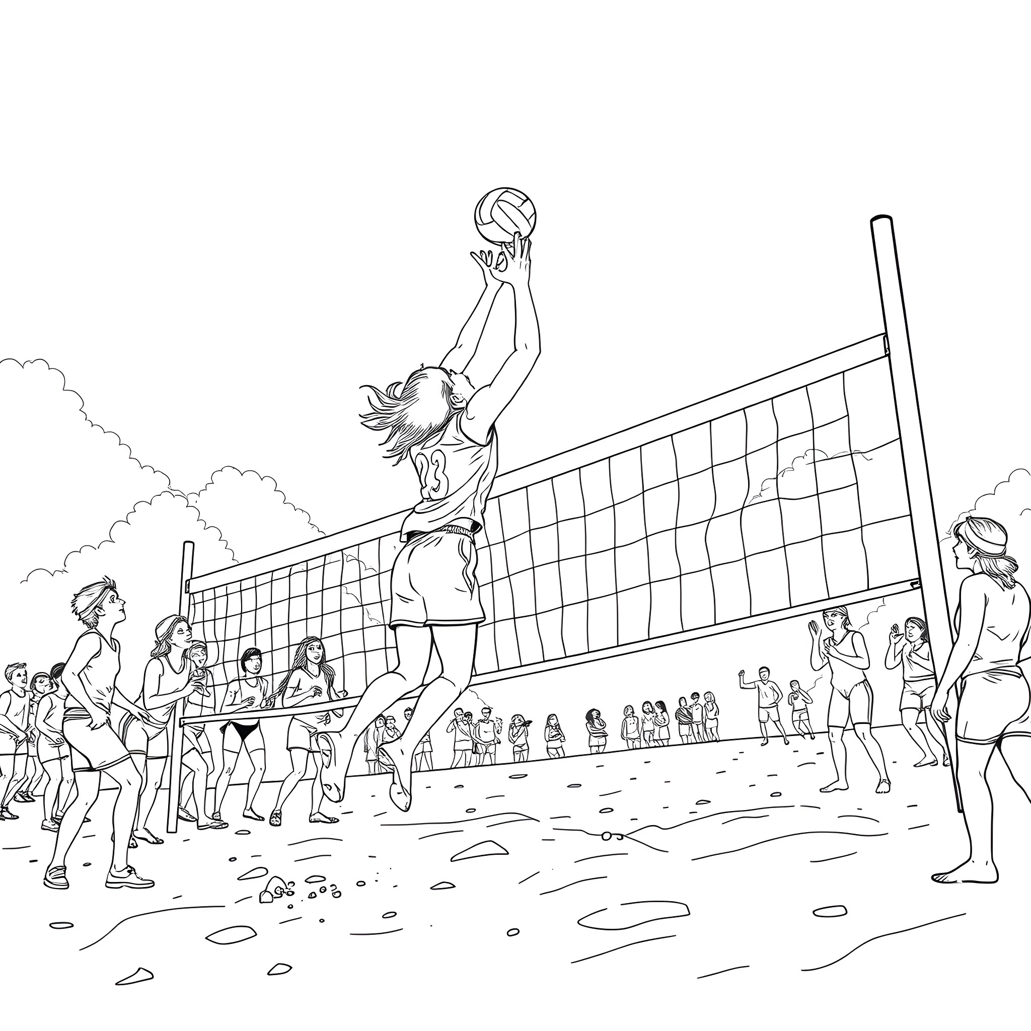 Aquinas playing volleyball with friends on the beach Coloring Page (free black-and-white line drawing printable PDF for all, from beginners to advanced learners, including children, teens, adults, and seniors)