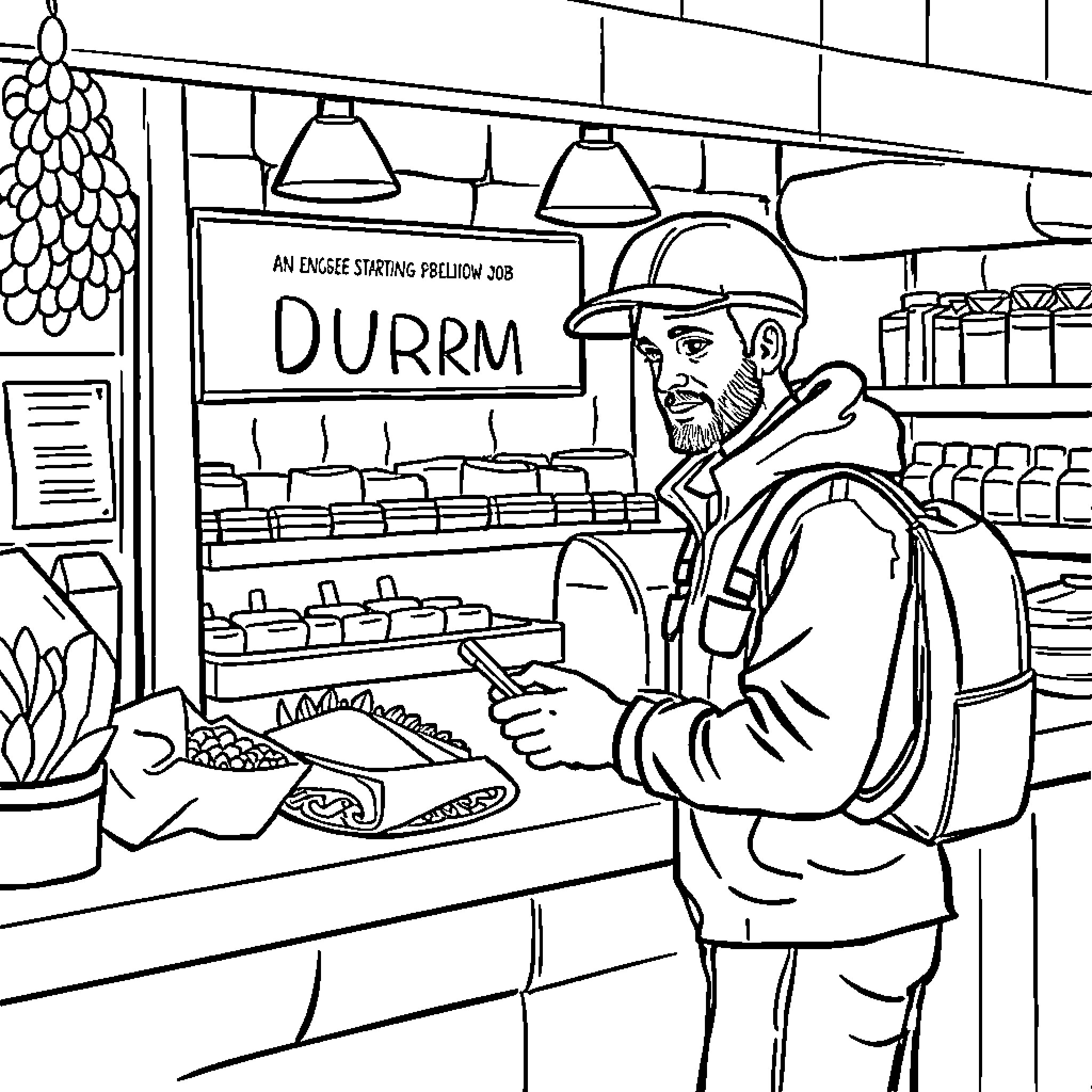 Engineer working diligently in a hardware store Coloring Page (free black-and-white line drawing printable PDF for all, from beginners to advanced learners, including children, teens, adults, and seniors)