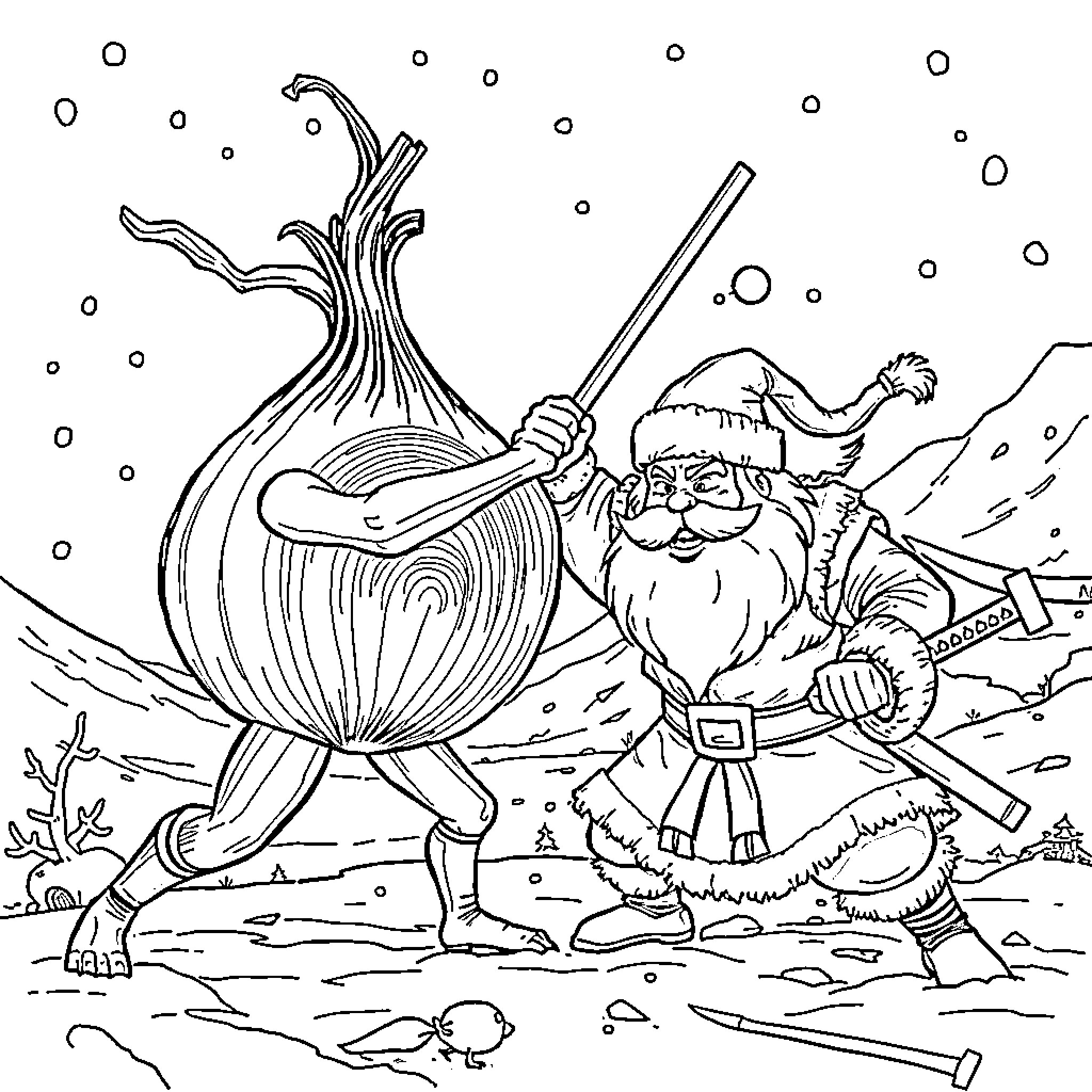 Onion-Wielding Gnome Braving Winter Wonderland Coloring Page (free black-and-white line drawing printable PDF for all, from beginners to advanced learners, including children, teens, adults, and seniors)