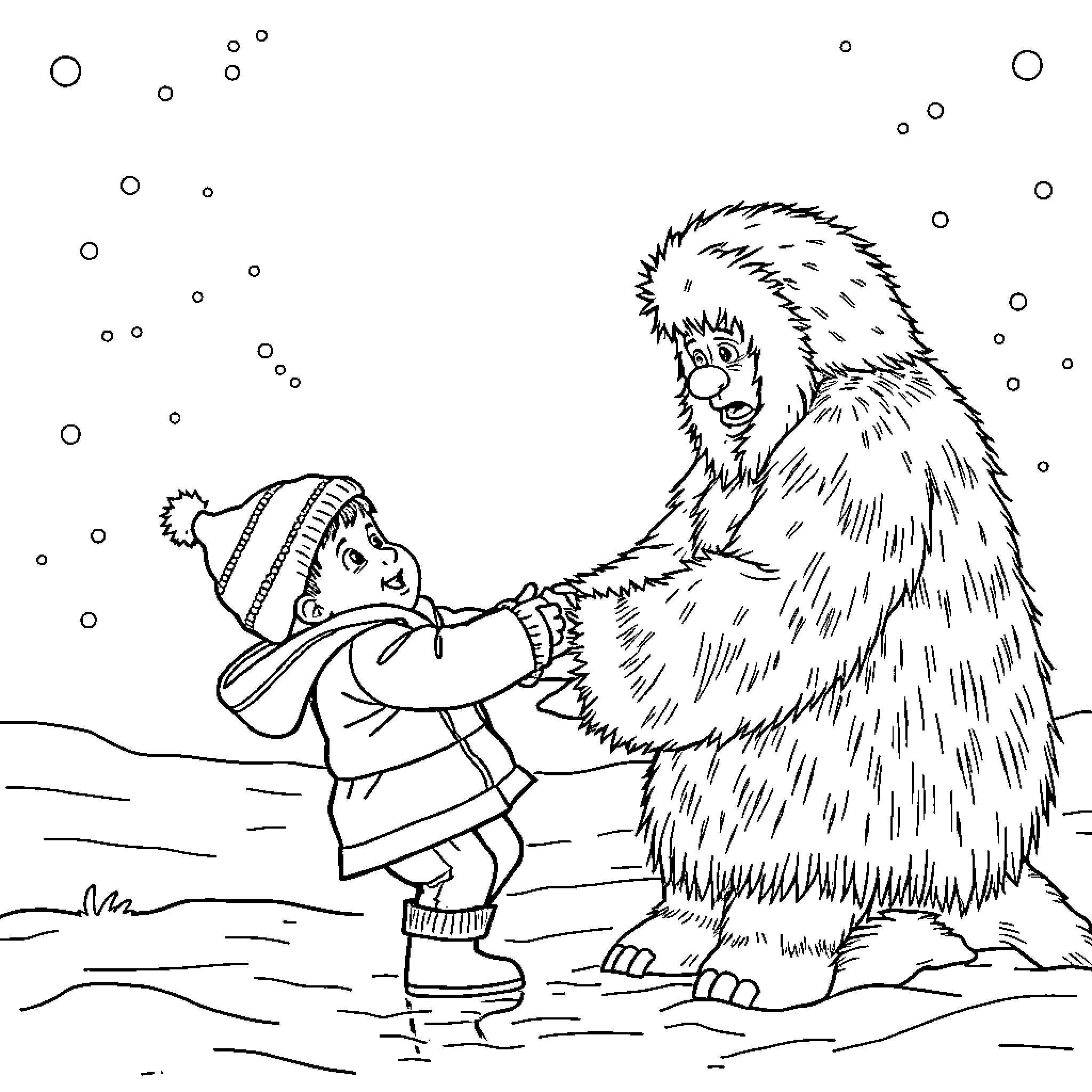 Kid playing joyfully with a furry creature in snowy landscape Coloring Page (free black-and-white line drawing printable PDF for all, from beginners to advanced learners, including children, teens, adults, and seniors)