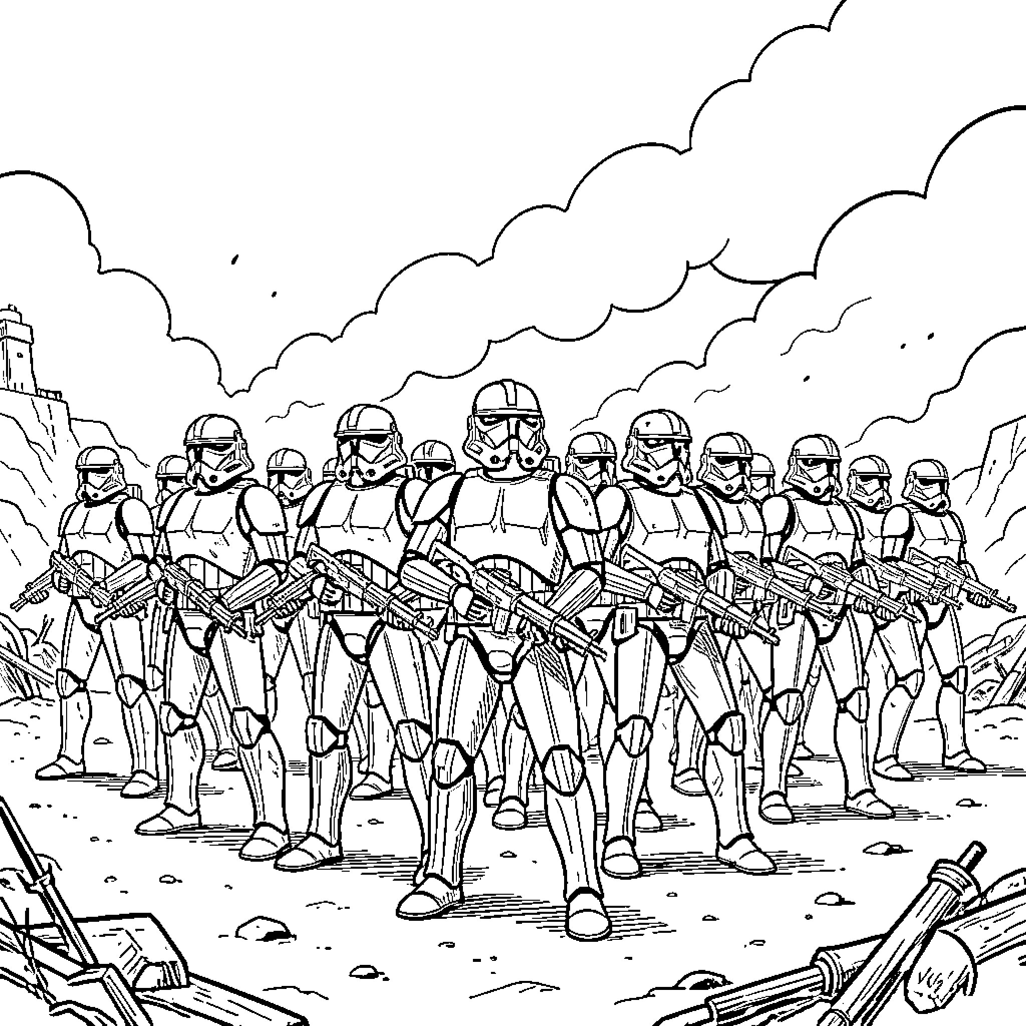 Clone Trooper squad marching forward in formation Coloring Page (free black-and-white line drawing printable PDF for all, from beginners to advanced learners, including children, teens, adults, and seniors)