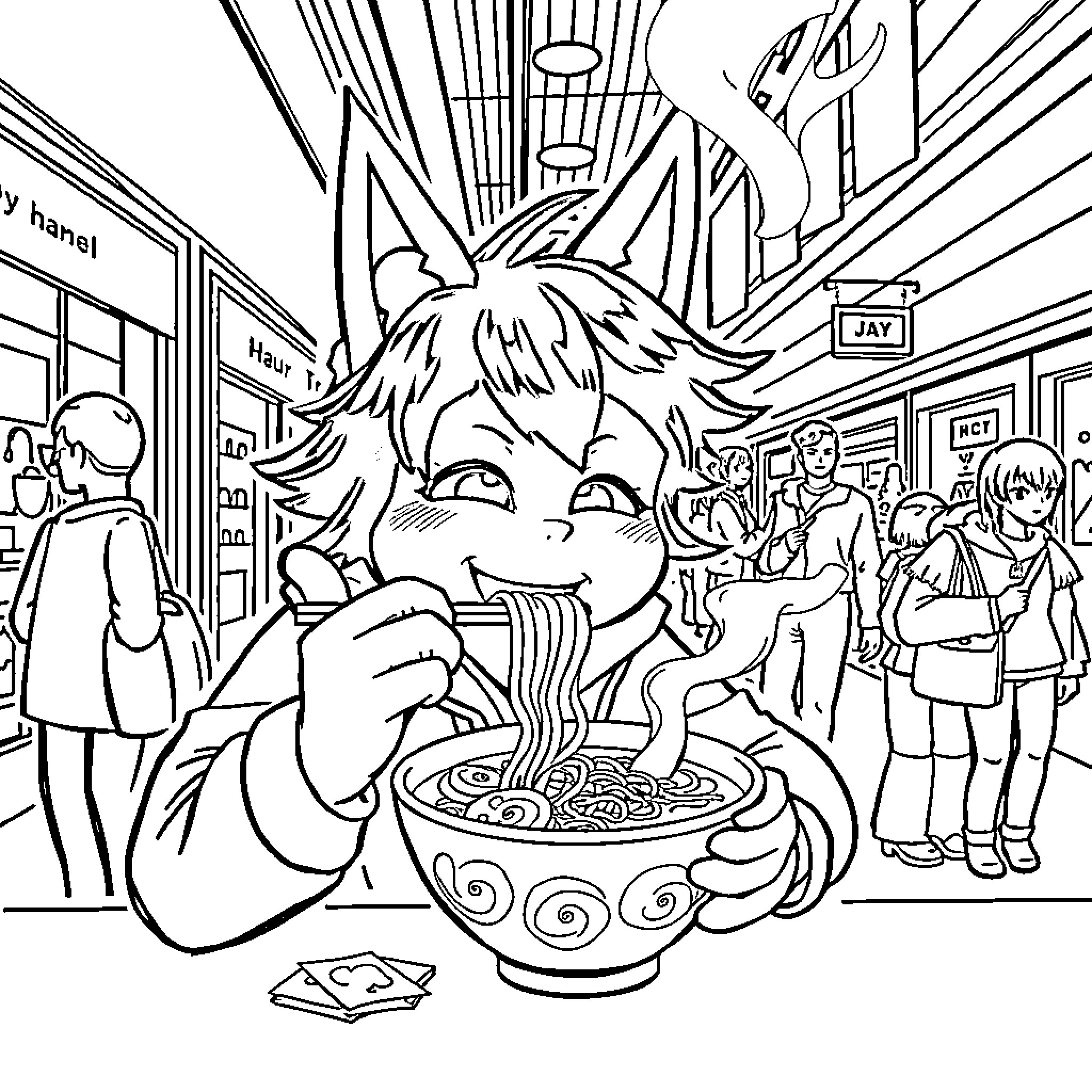 Huntrix Enjoying a Hearty Meal in a Bustling City Coloring Page (free black-and-white line drawing printable PDF for all, from beginners to advanced learners, including children, teens, adults, and seniors)